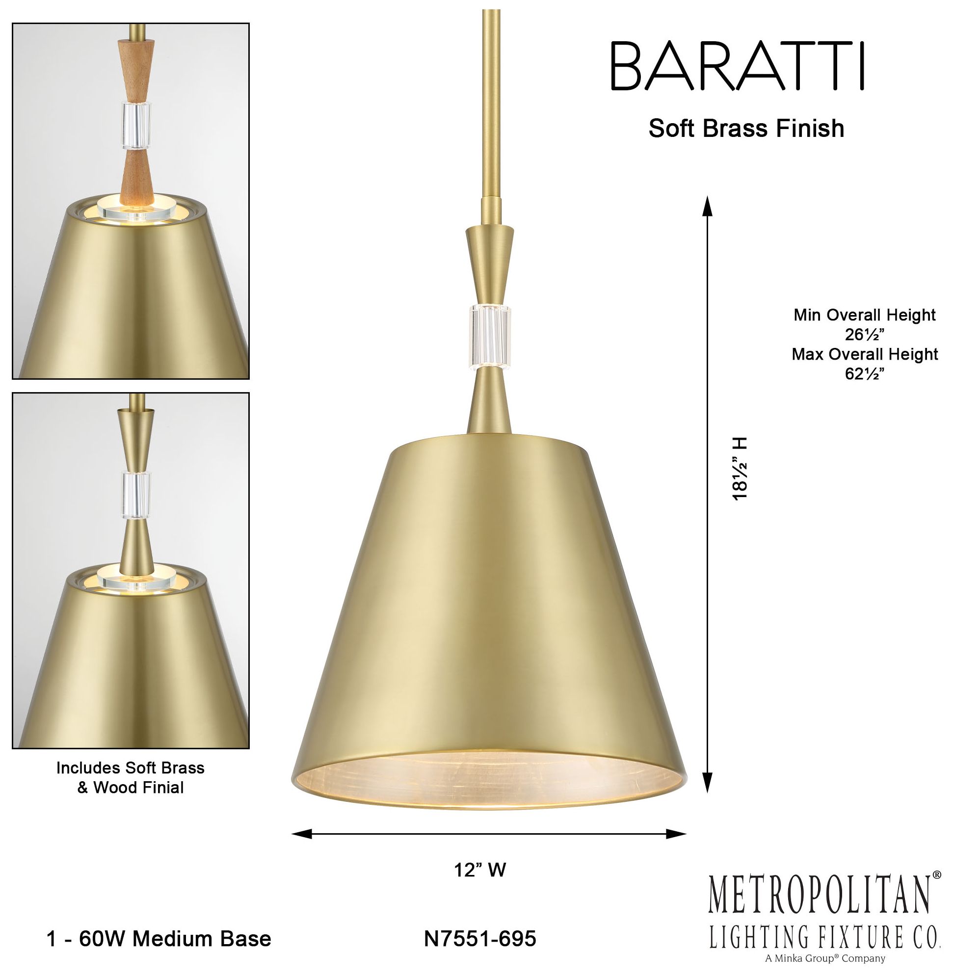 Metropolitan Baratti 12" Wide Soft Brass Mini Pendant