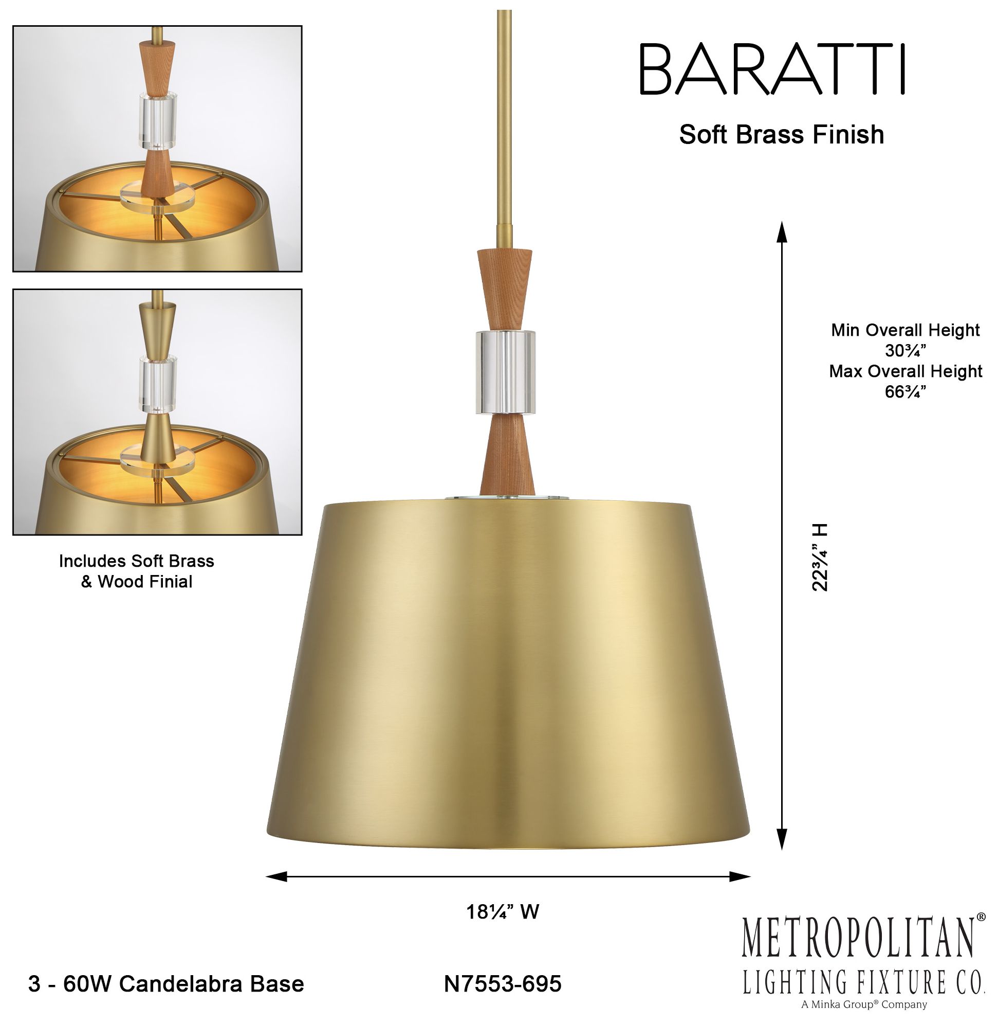 Metropolitan Baratti 3-Light Soft Brass Pendant with Soft Brass Metal Shade