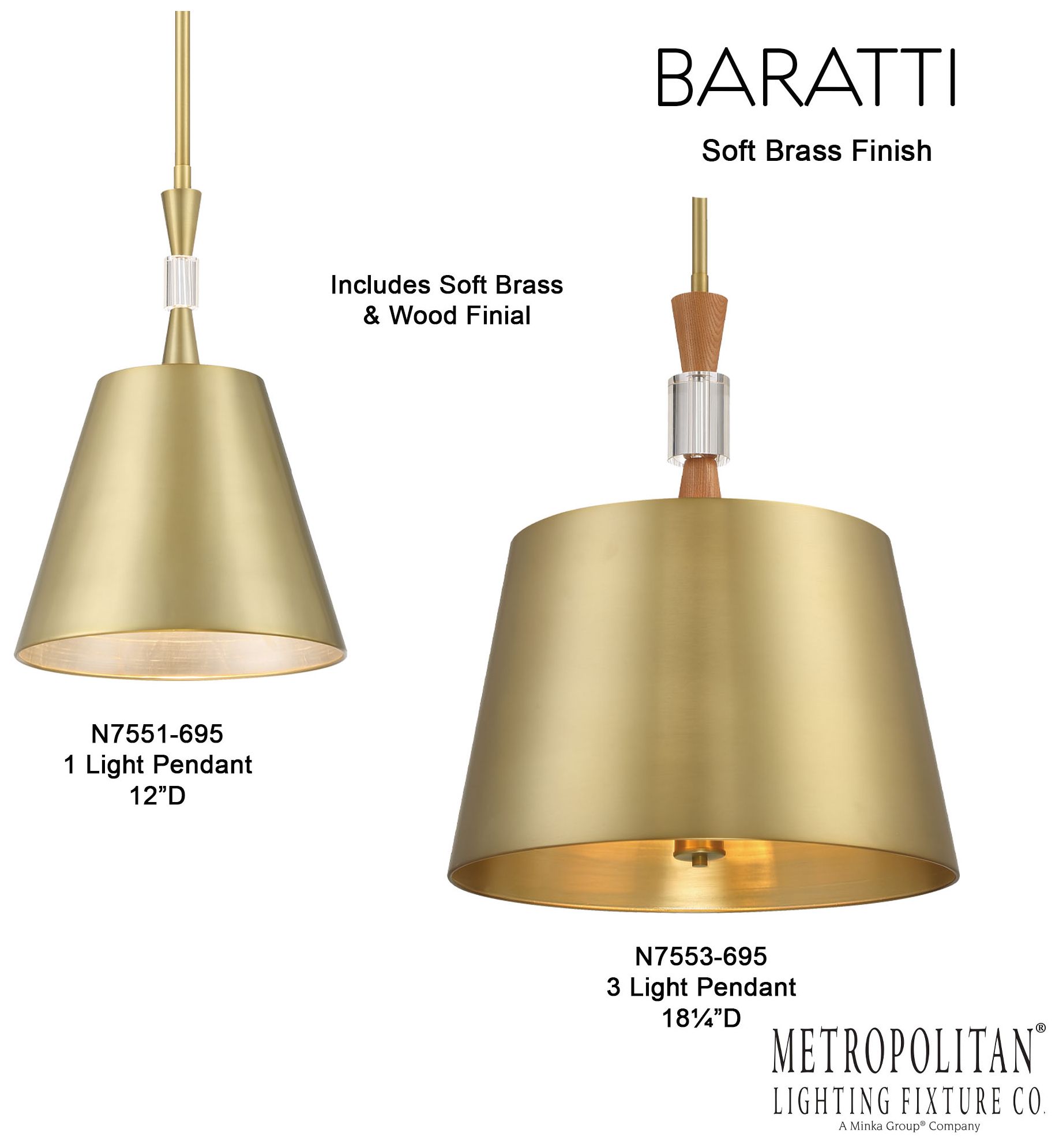 Metropolitan Baratti 3-Light Soft Brass Pendant with Soft Brass Metal Shade