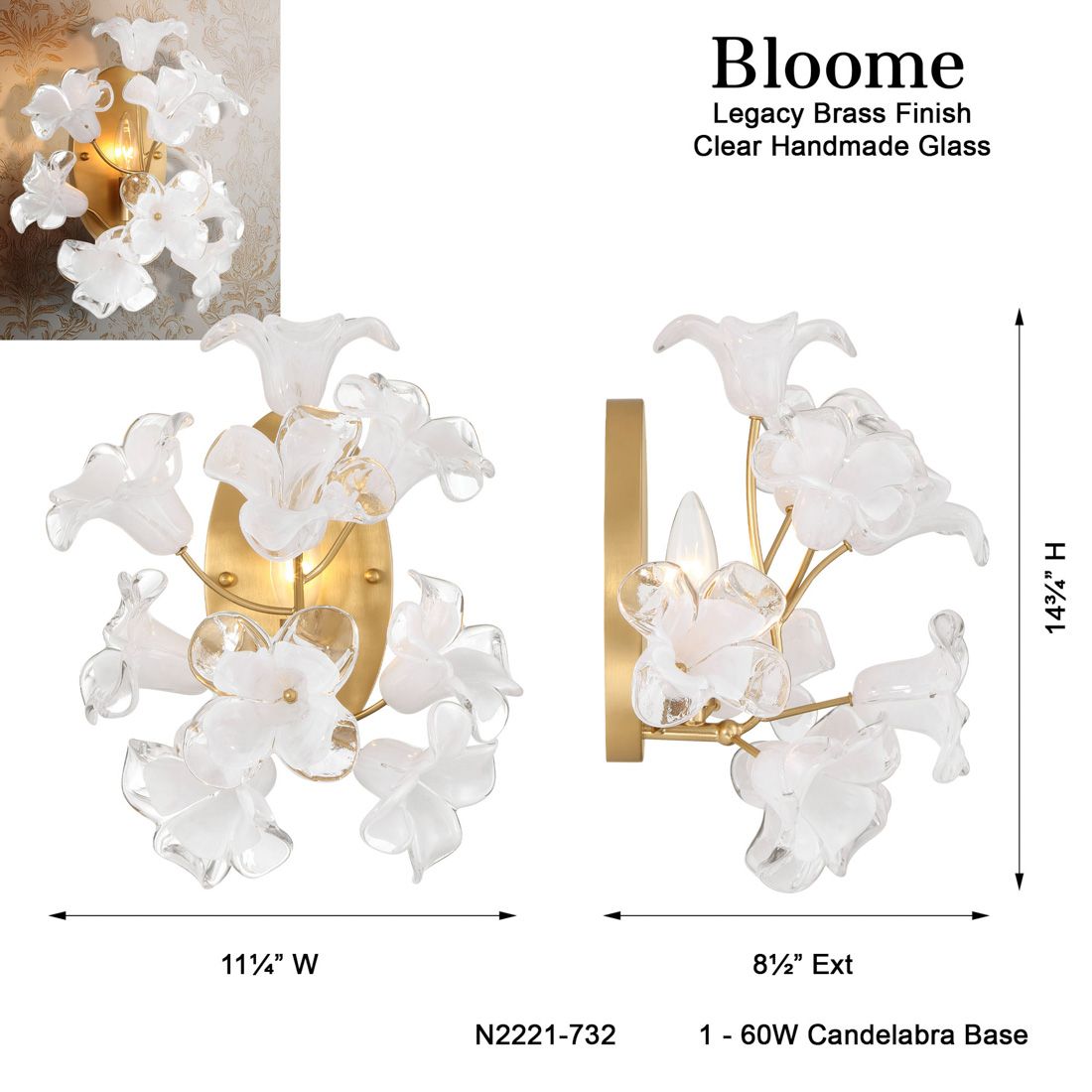 Metropolitan Bloome 1-Light 11.25-in Legacy Brass Indoor Wall Sconce