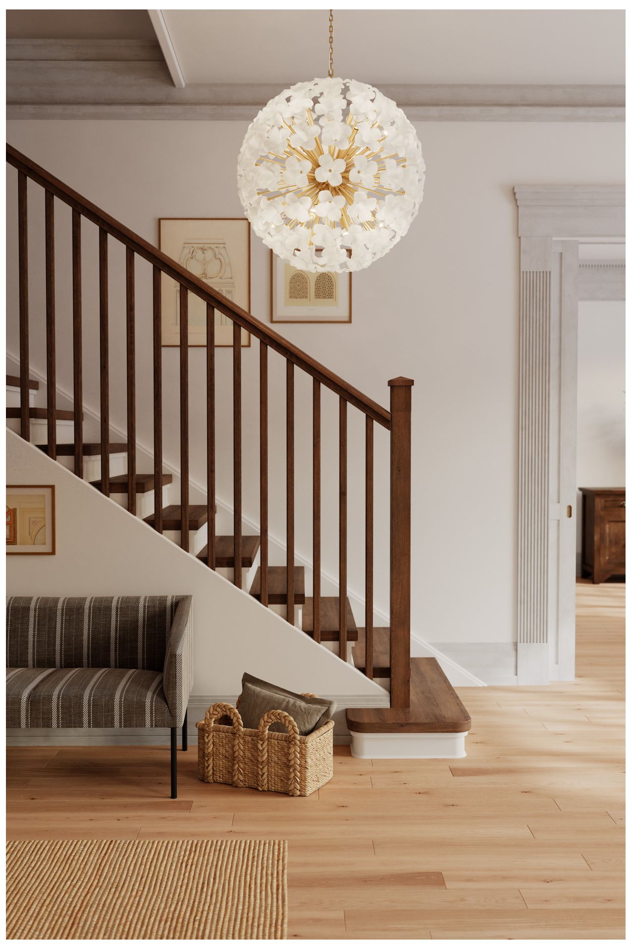 Image 4 Metropolitan Bloome 12-Lt 30-in Legacy Brass Pendant with White Glass Shade more views