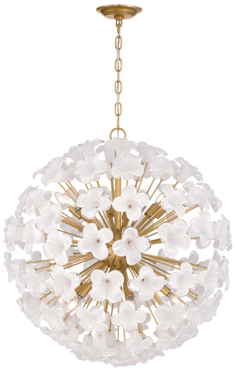 Image 6 Metropolitan Bloome 12-Lt 30-in Legacy Brass Pendant with White Glass Shade more views