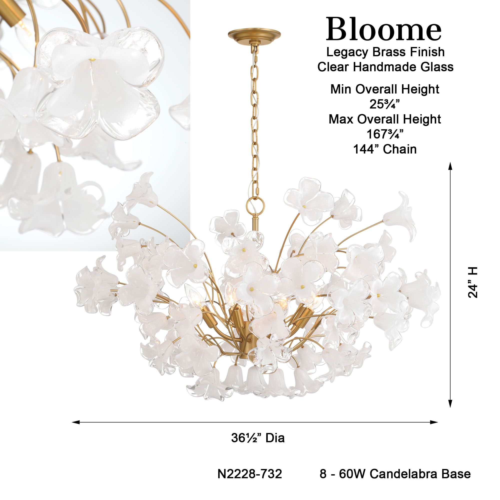 Metropolitan Bloome 8-Lt 36.5-in Legacy Brass Chandelier with Glass Flowers