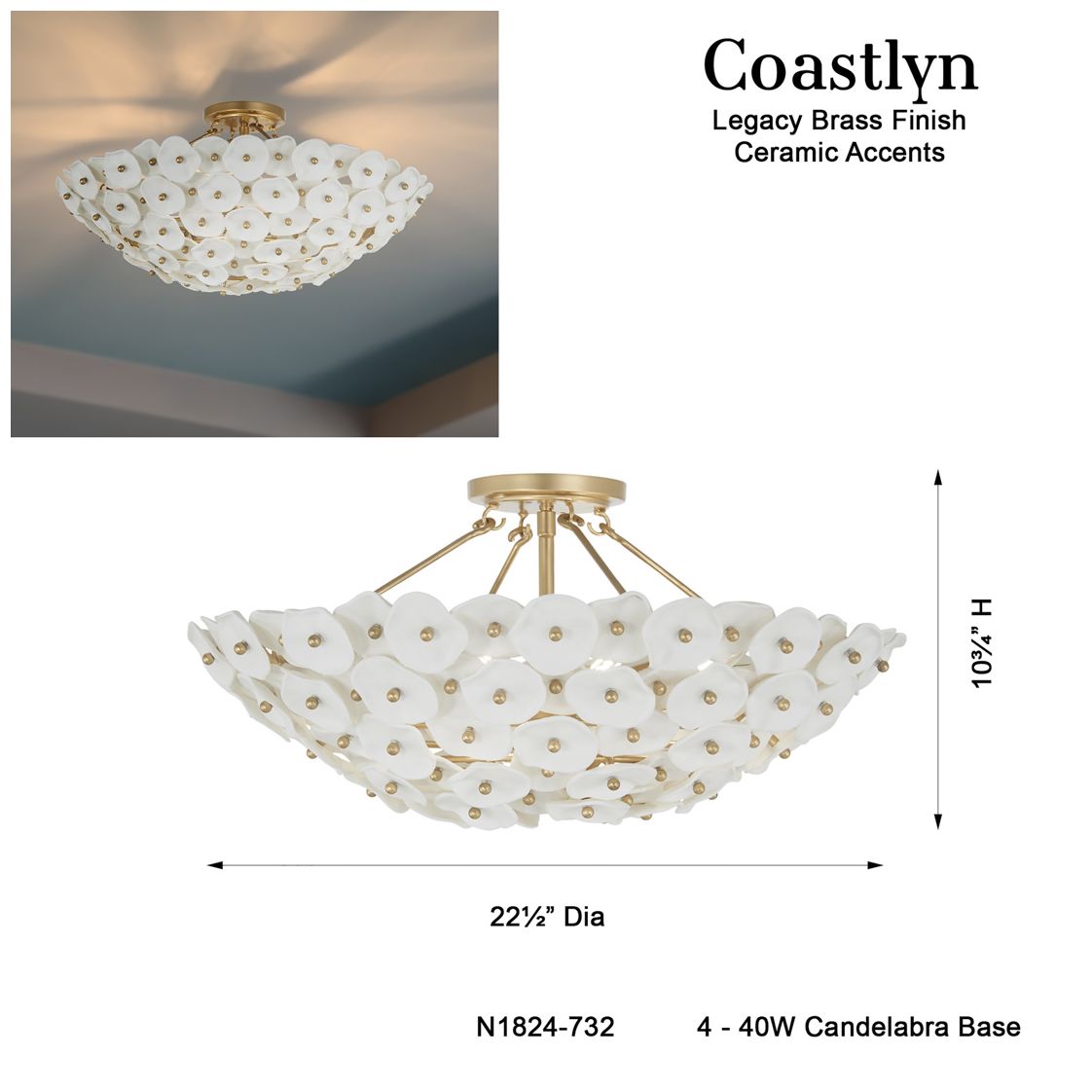 Metropolitan Coastlyn 4-Lt 22.5-in Legacy Brass Semi Flush with Flowerettes