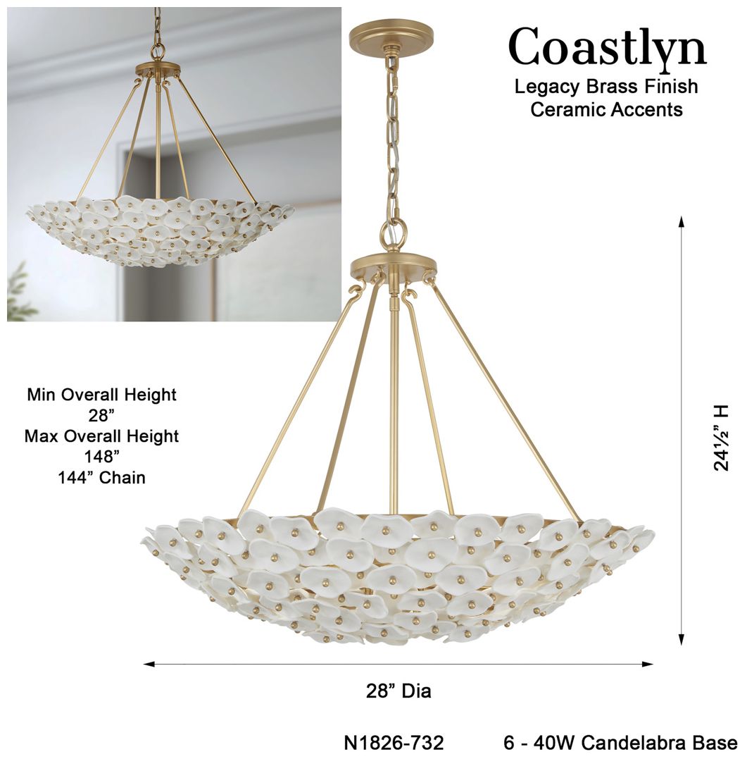 Metropolitan Coastlyn 6-Light 28-in Legacy Brass Pendant with Flowerettes
