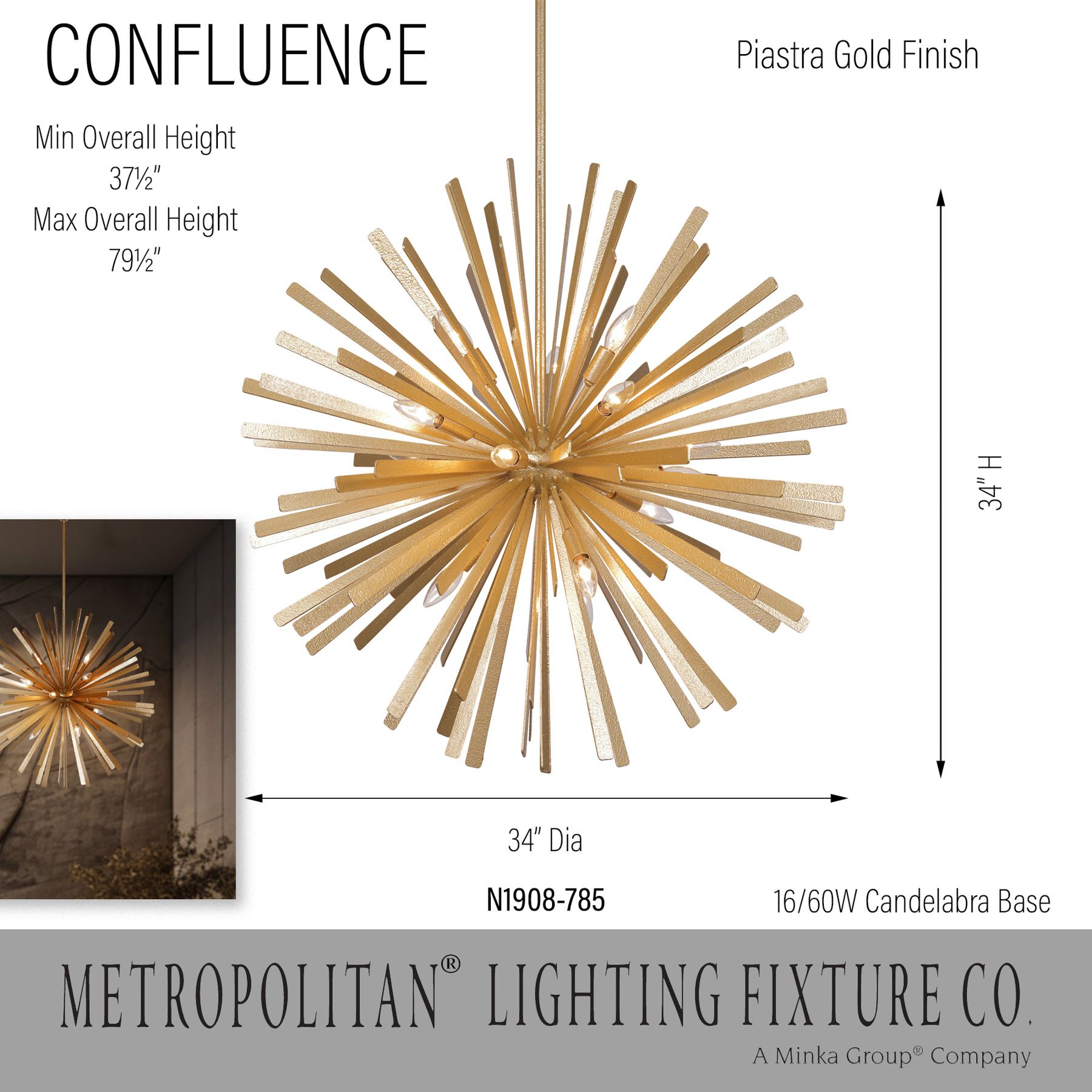 Metropolitan Confluence 16-Light 34-in Piastra Gold Pendant with Accents