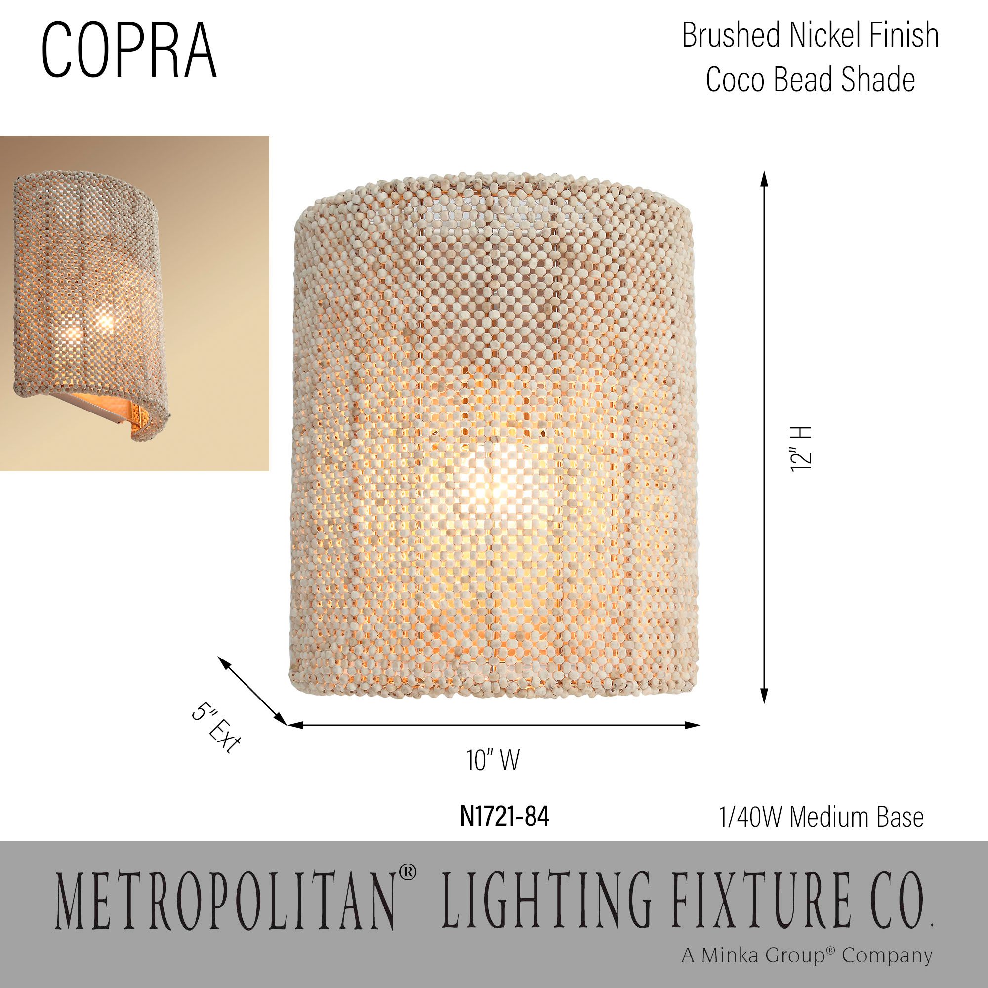 Metropolitan Copra 1-Light 10-in Brushed Nickel Wall Sconce with Bead Shade