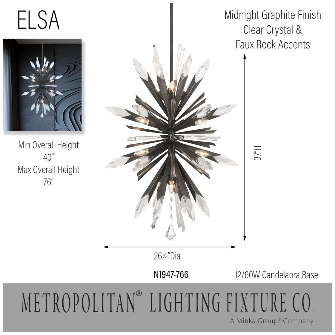 Metropolitan Elsa 12-Light 26.25-in Midnight Graphite Pendant with Accents