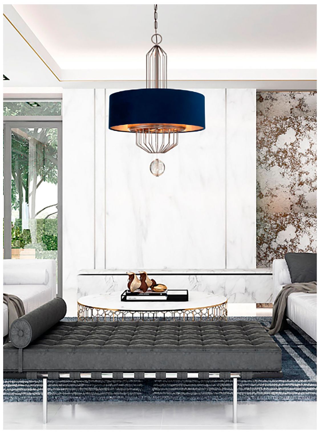 Image 4 Metropolitan Grandeur 6Lt 24in Antique Nickel Pendant with BlueVelvet Shade more views