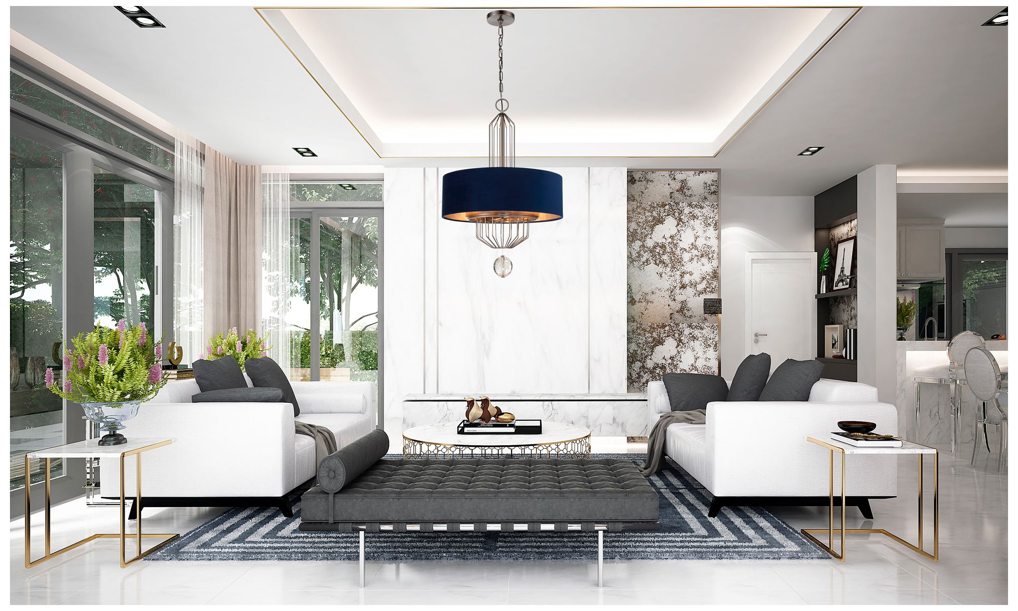 Image 5 Metropolitan Grandeur 6Lt 24in Antique Nickel Pendant with BlueVelvet Shade more views