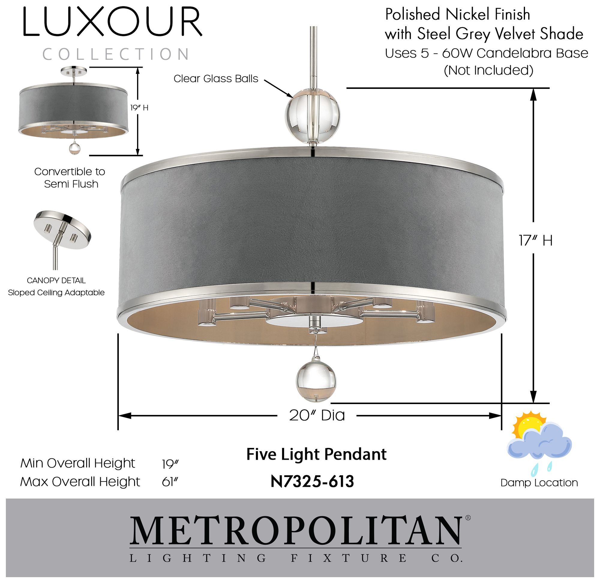 Image 4 Metropolitan Luxor 20-inch 5-Light Polished Nickel Pendant more views