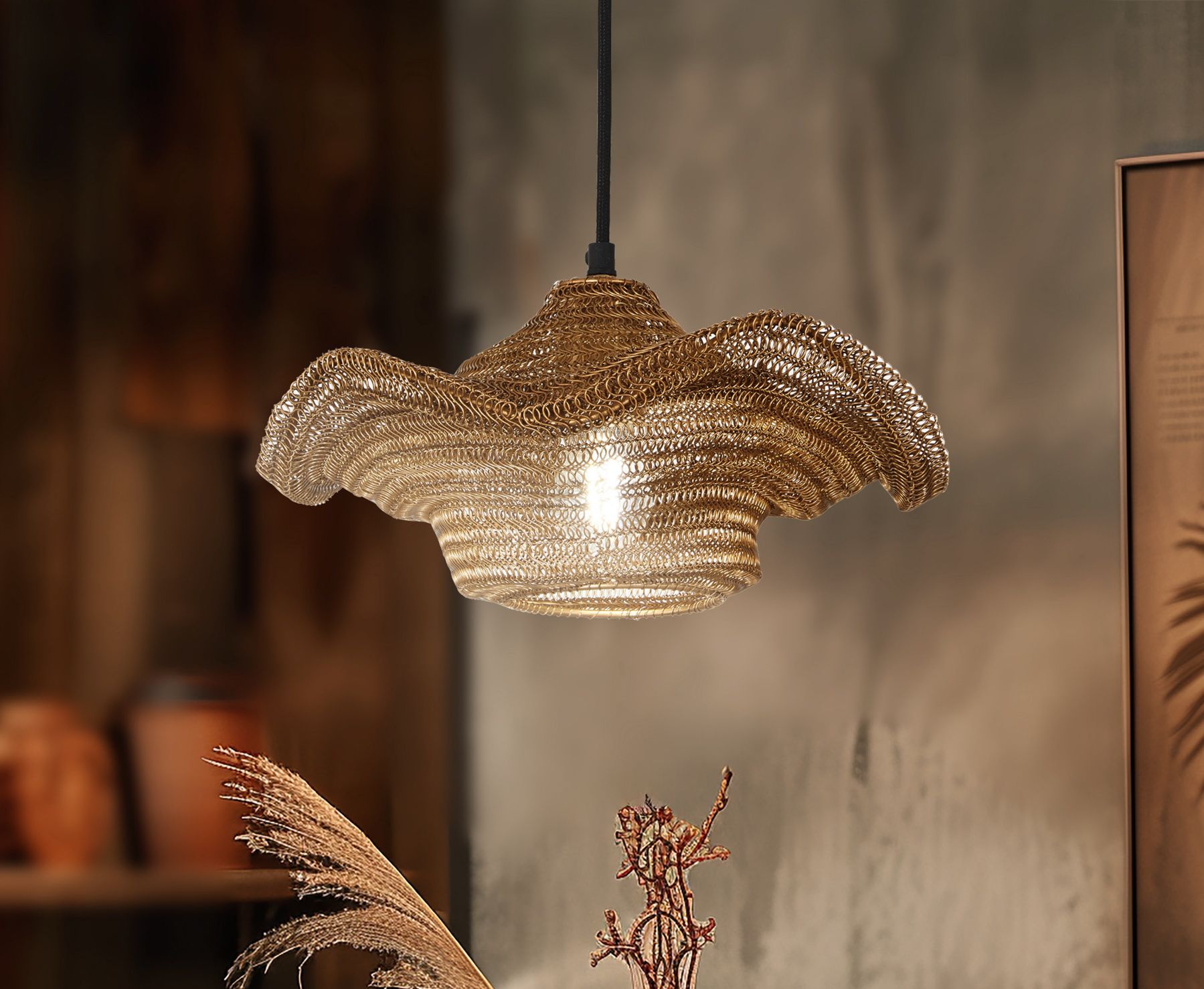 Metropolitan Marseille 1-Lt 12in Gilded Brass Pendant with Metal Mesh Shade