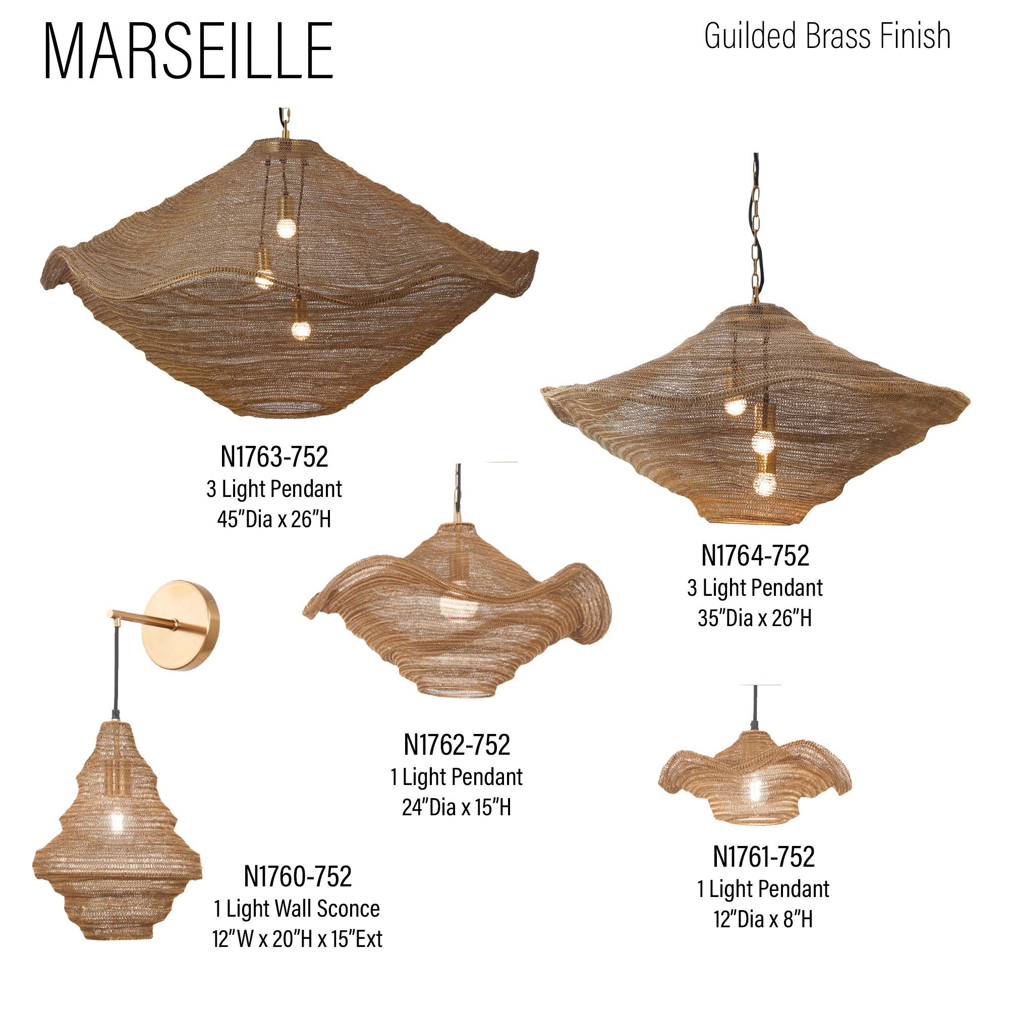 Metropolitan Marseille 1-Lt 24in Gilded Brass Pendant with Metal Mesh Shade