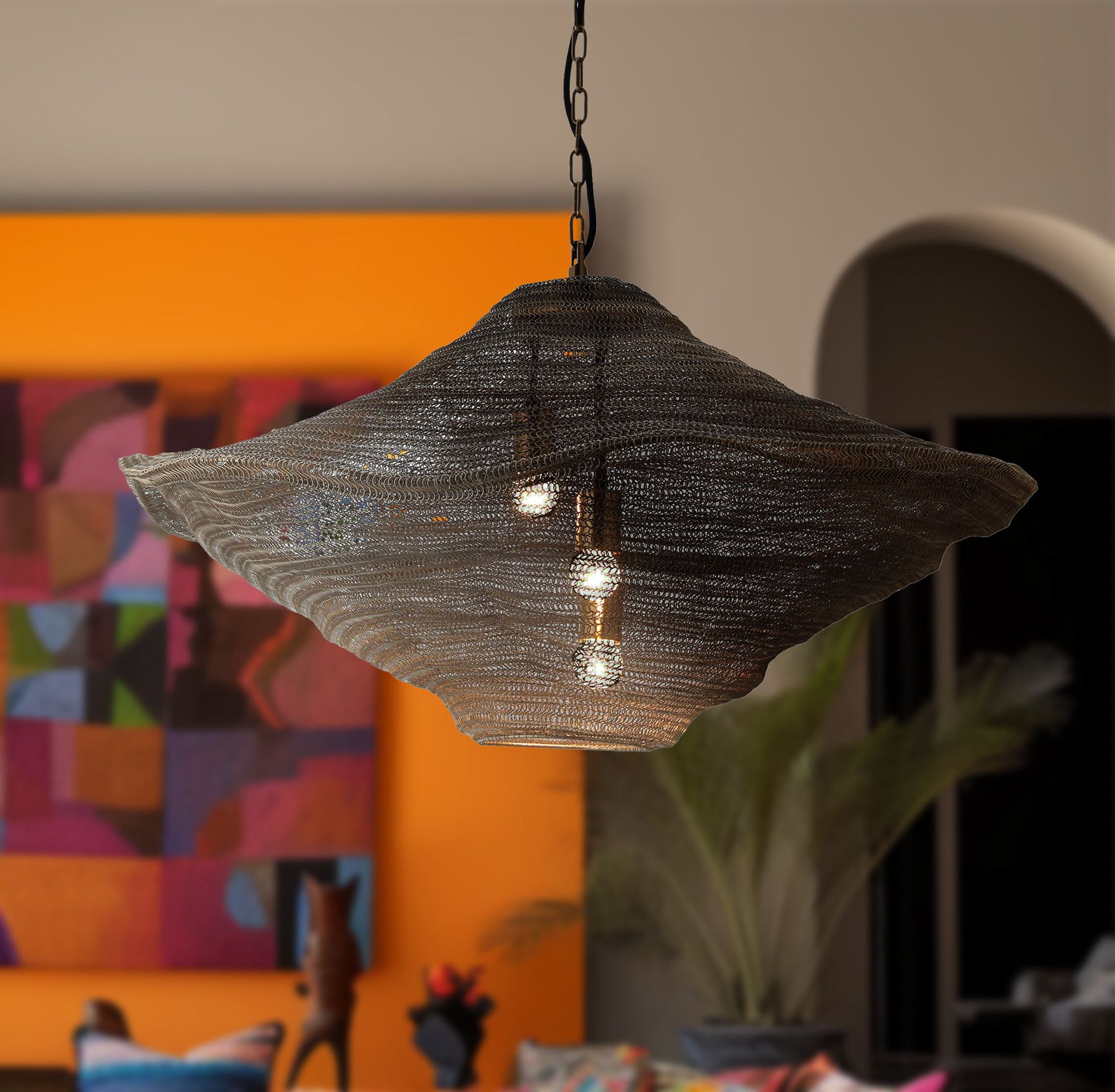Metropolitan Marseille 3-Lt 34in Gilded Brass Pendant with Metal Mesh Shade