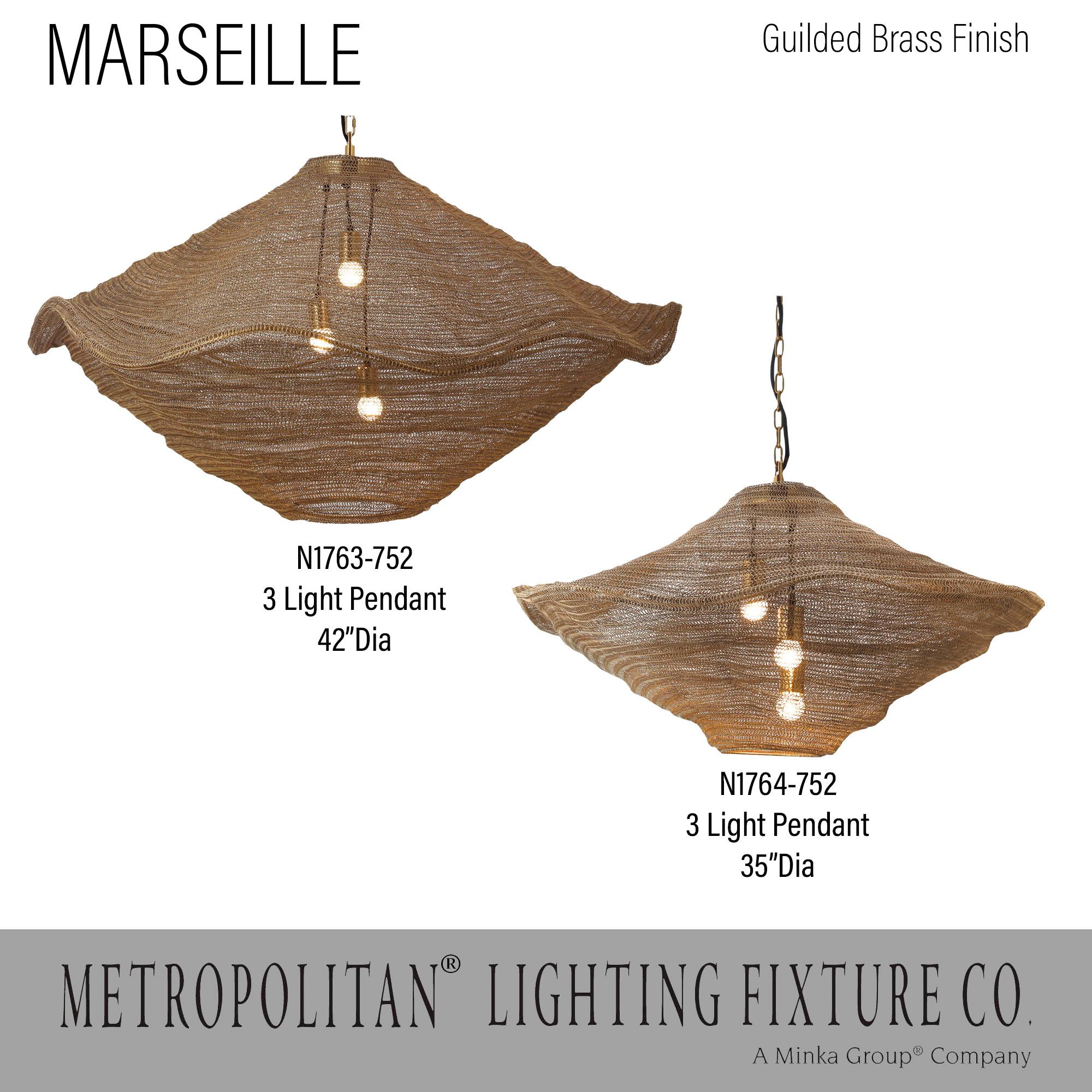 Metropolitan Marseille 3-Lt 34in Gilded Brass Pendant with Metal Mesh Shade