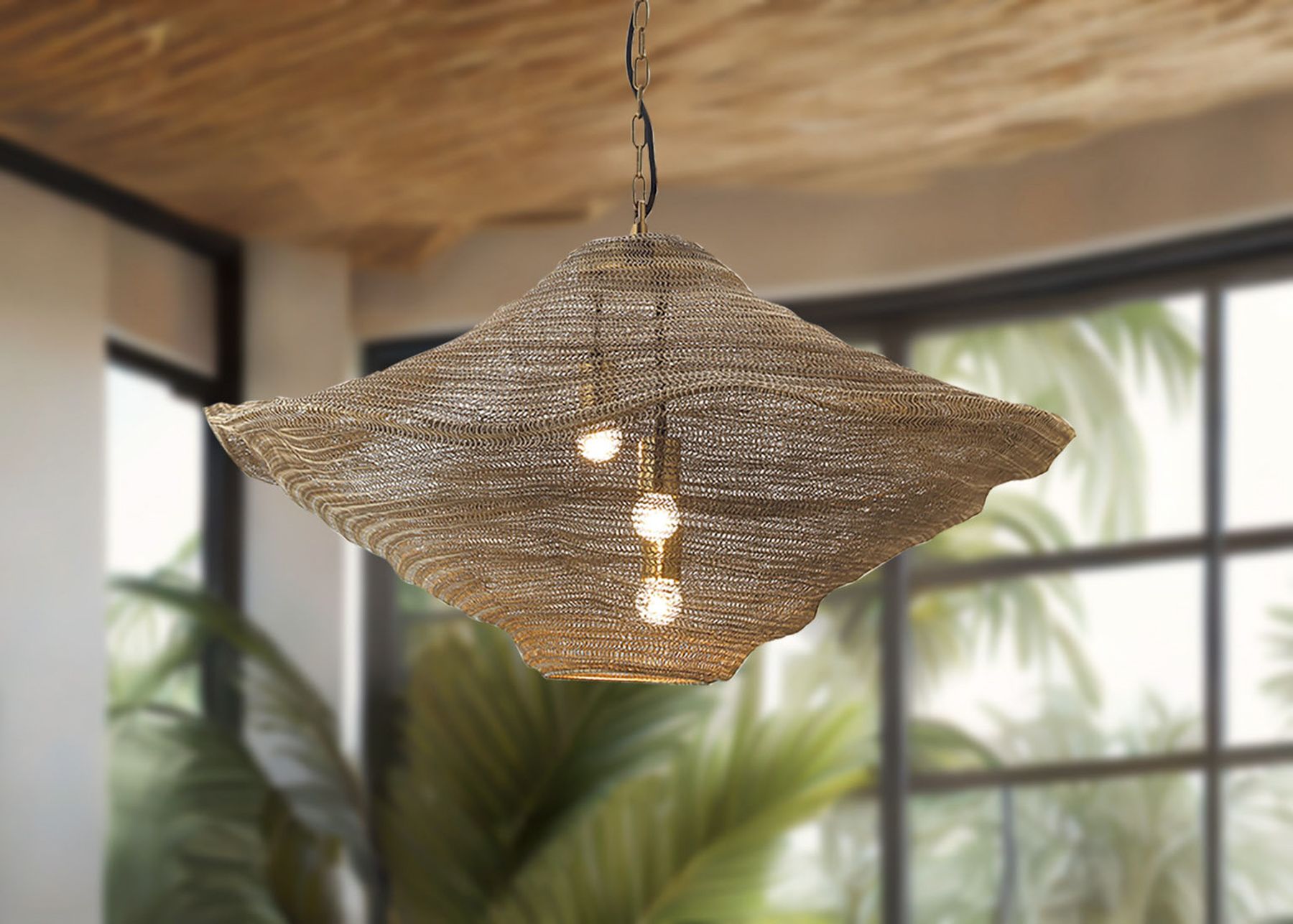 Metropolitan Marseille 3-Lt 44in Gilded Brass Pendant with Metal Mesh Shade in scene