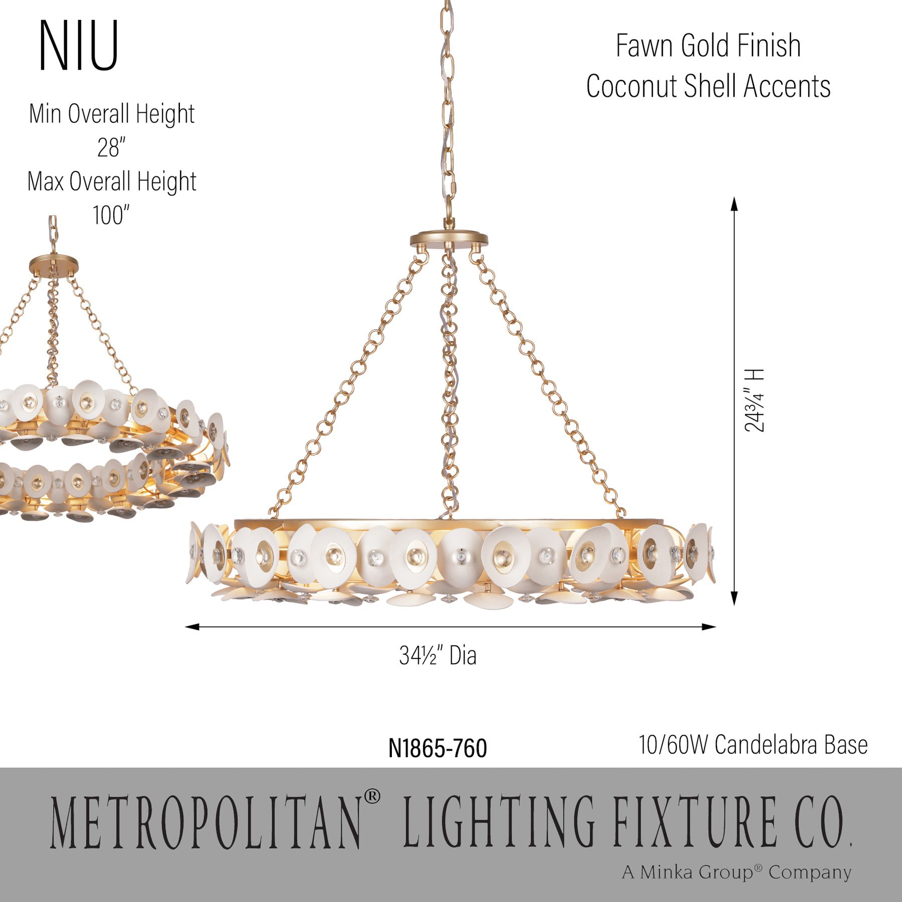 Metropolitan Niu 10-Light 34.5-in Fawn Gold Pendant with Shell Accents