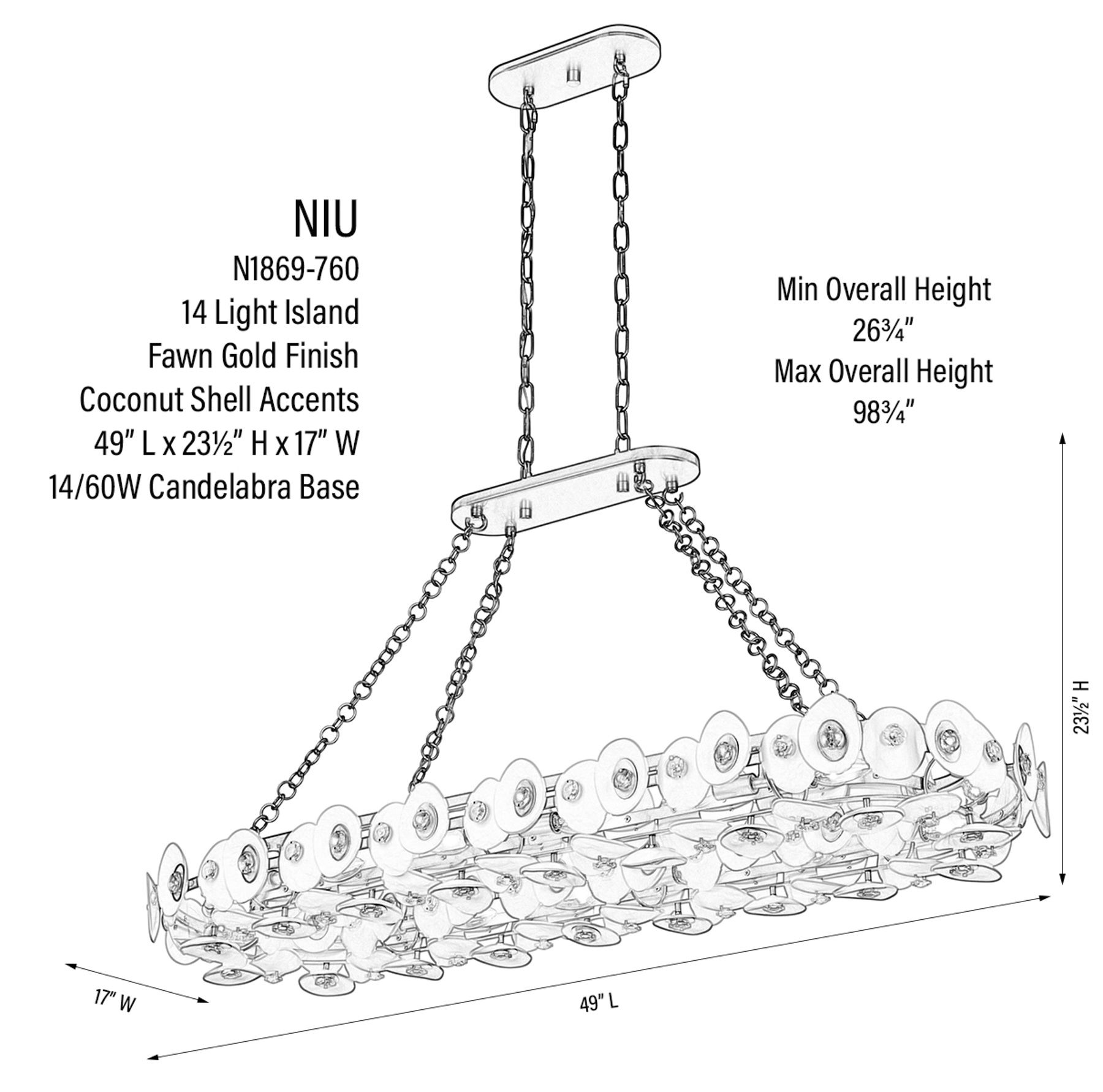 Image 4 Metropolitan Niu 14-Lt 49-in Fawn Gold Linear Chandelier with Shell Accents more views