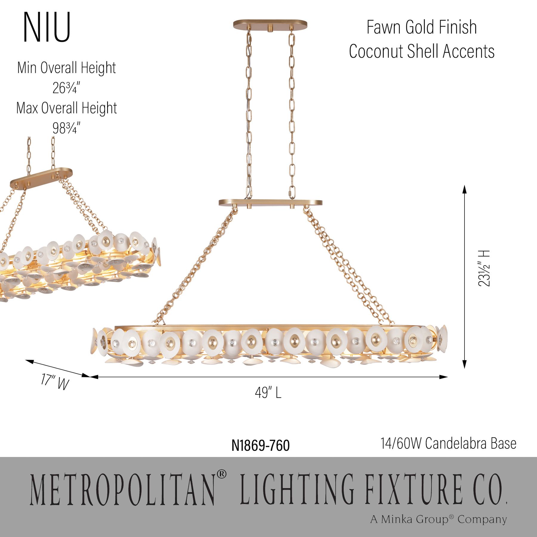 Metropolitan Niu 14-Lt 49-in Fawn Gold Linear Chandelier with Shell Accents