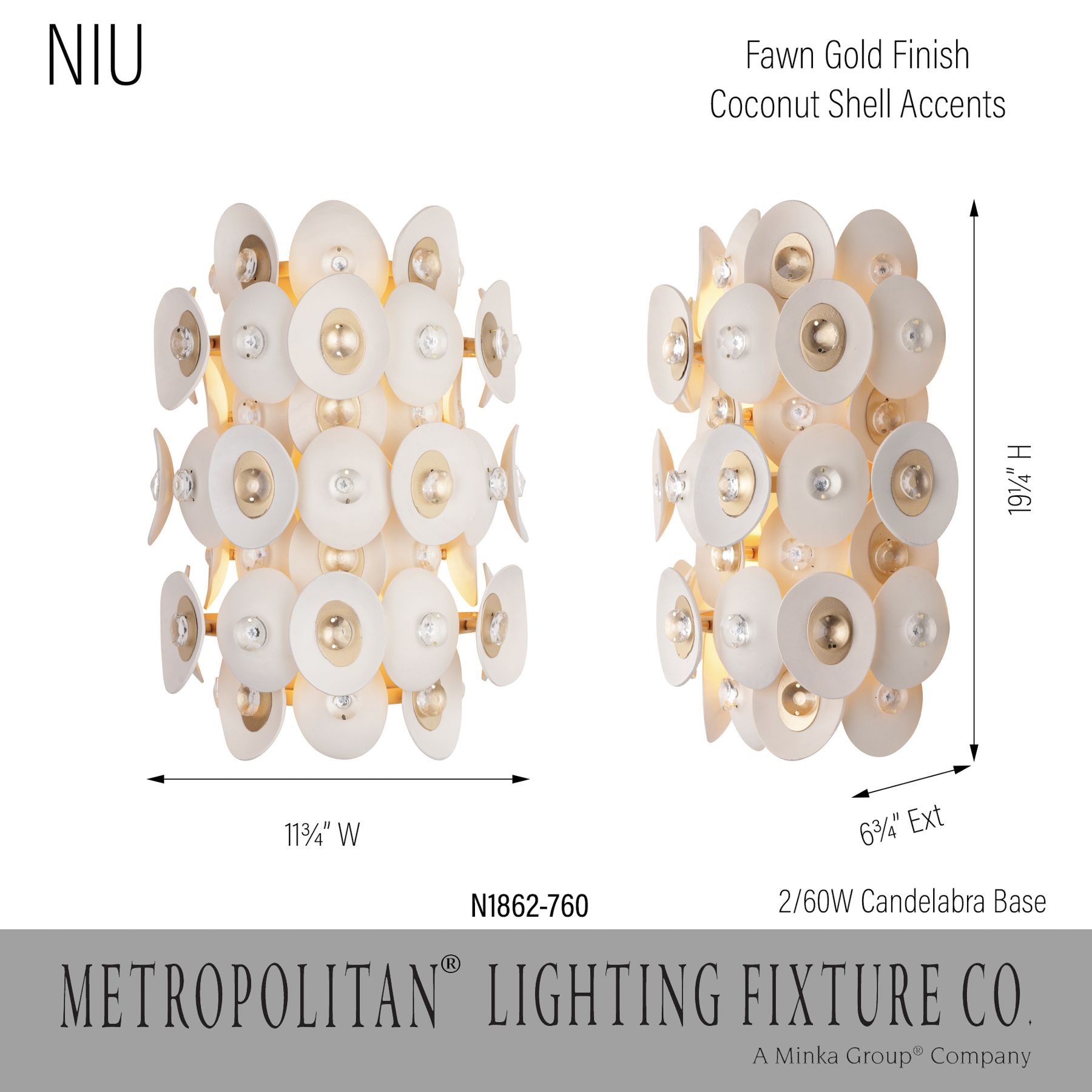 Metropolitan Niu 2-Lt 11-in Fawn Gold Wall Sconce with White Coconut Shells
