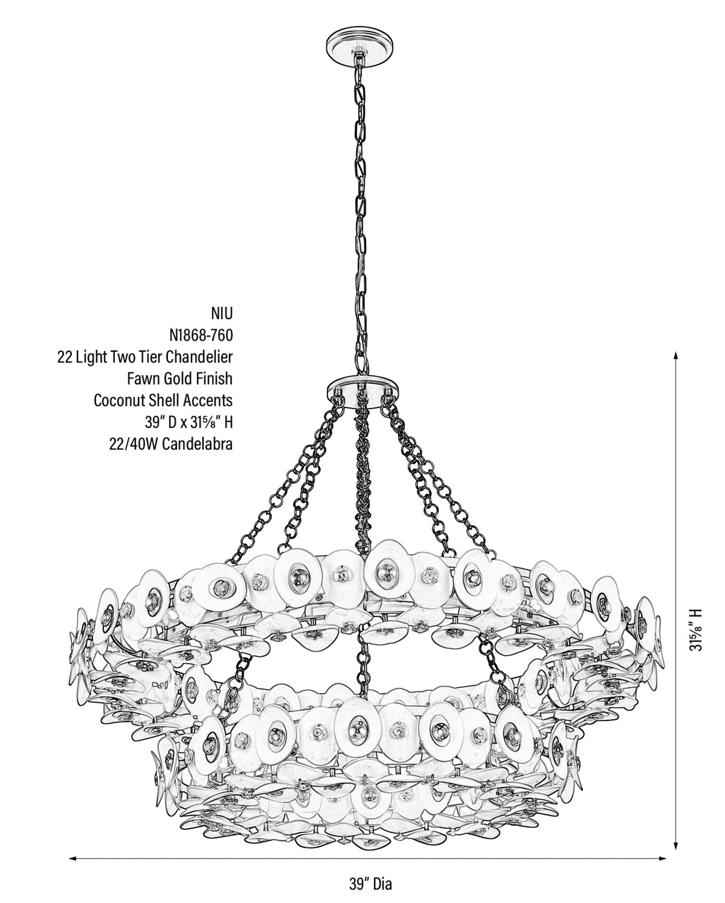 Image 5 Metropolitan Niu 22-Light 39-in Fawn Gold Chandelier with Shell Accents more views