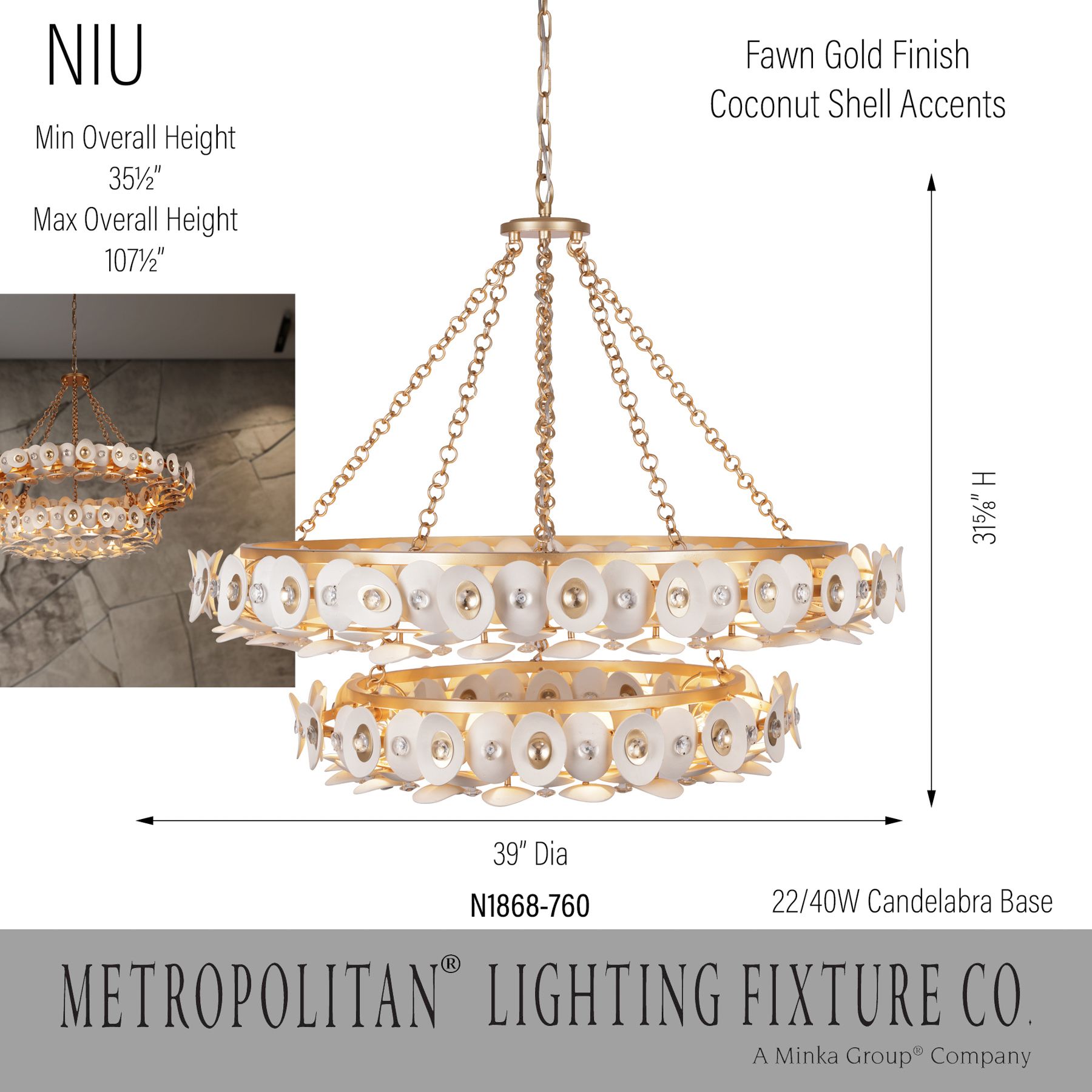 Metropolitan Niu 22-Light 39-in Fawn Gold Chandelier with Shell Accents