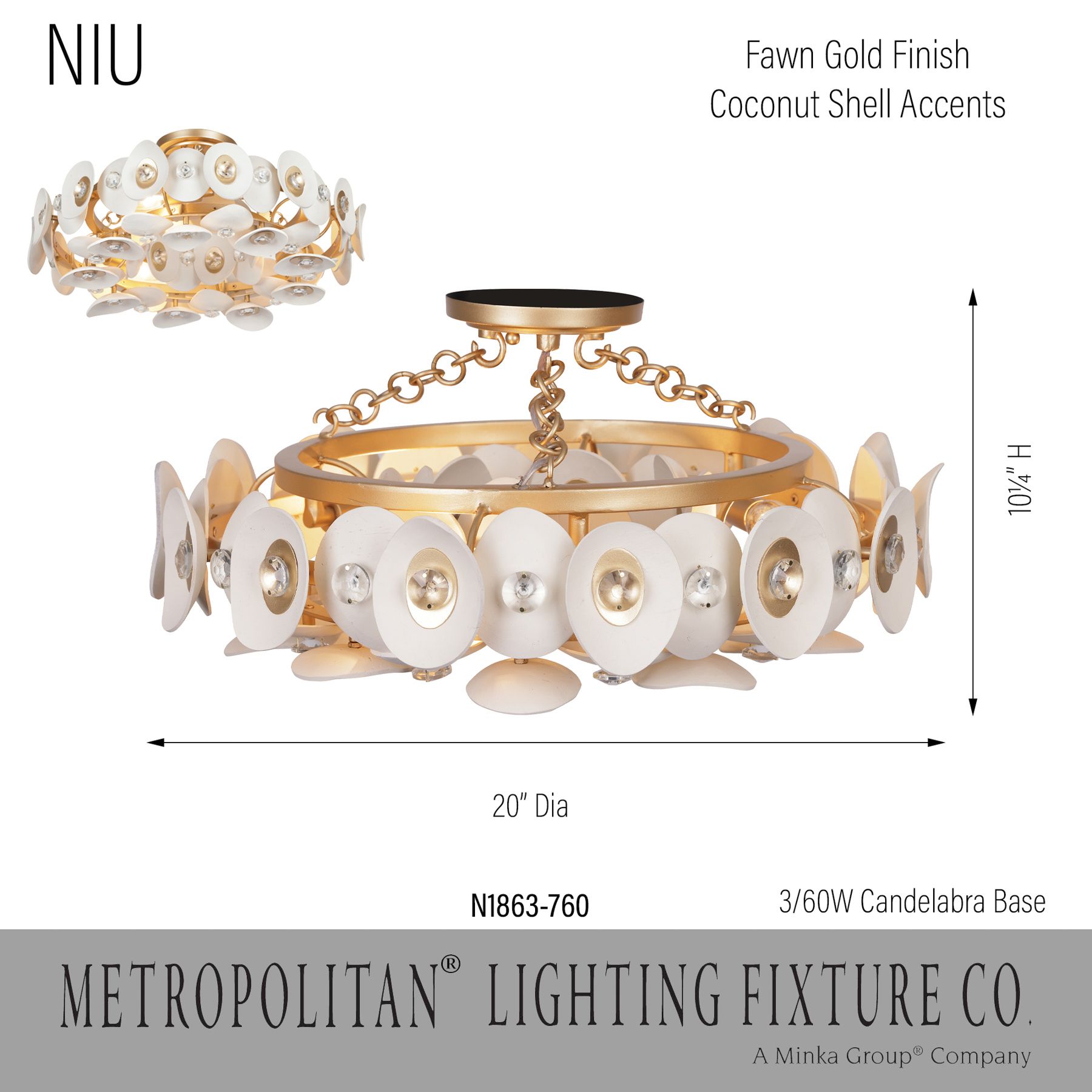 Image 6 Metropolitan Niu 3-Lt 20.5in Fawn Gold Semi-Flush with White Coconut Shells more views