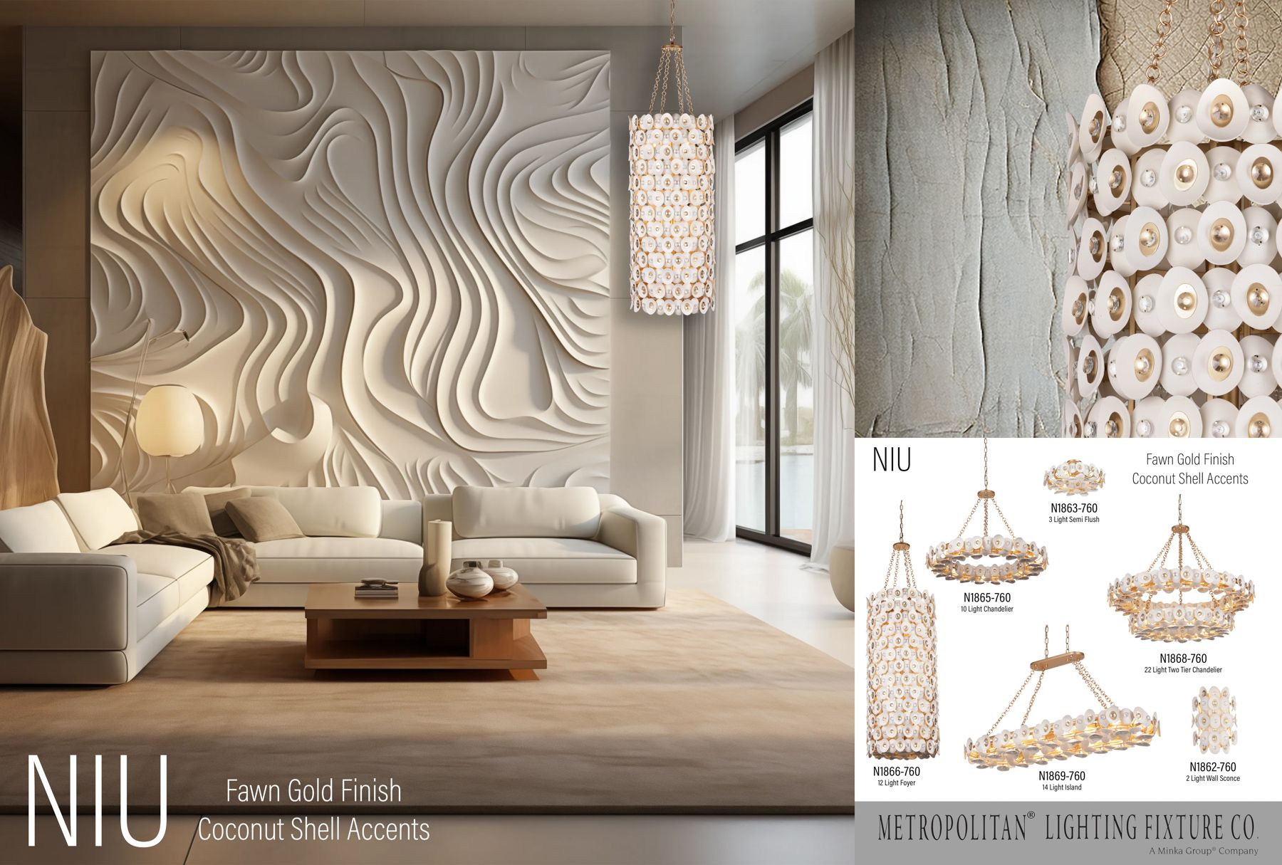 Image 7 Metropolitan Niu 3-Lt 20.5in Fawn Gold Semi-Flush with White Coconut Shells more views
