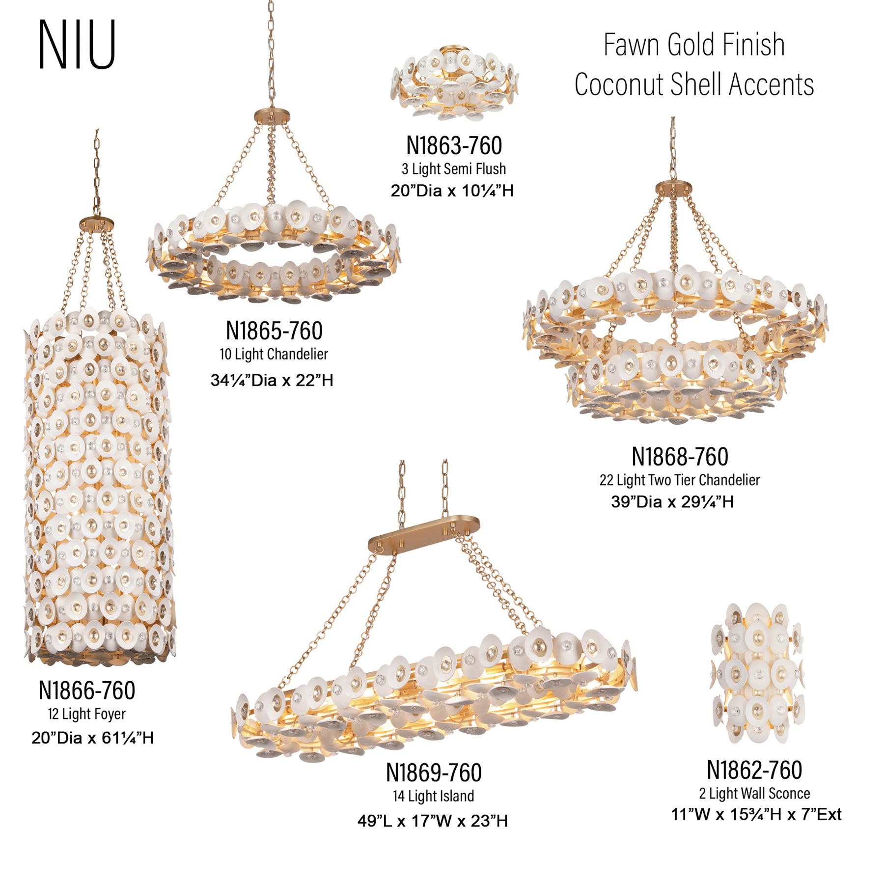 Metropolitan Niu 3-Lt 20.5in Fawn Gold Semi-Flush with White Coconut Shells