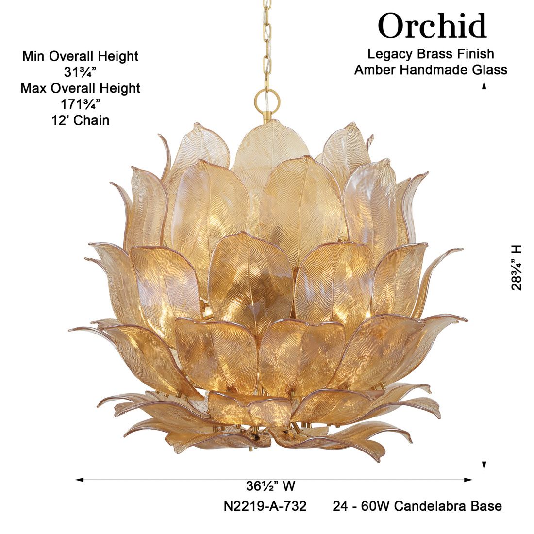 Metropolitan Orchid 24-Lt 35.5-in Legacy Brass Pendant with Handmade Glass