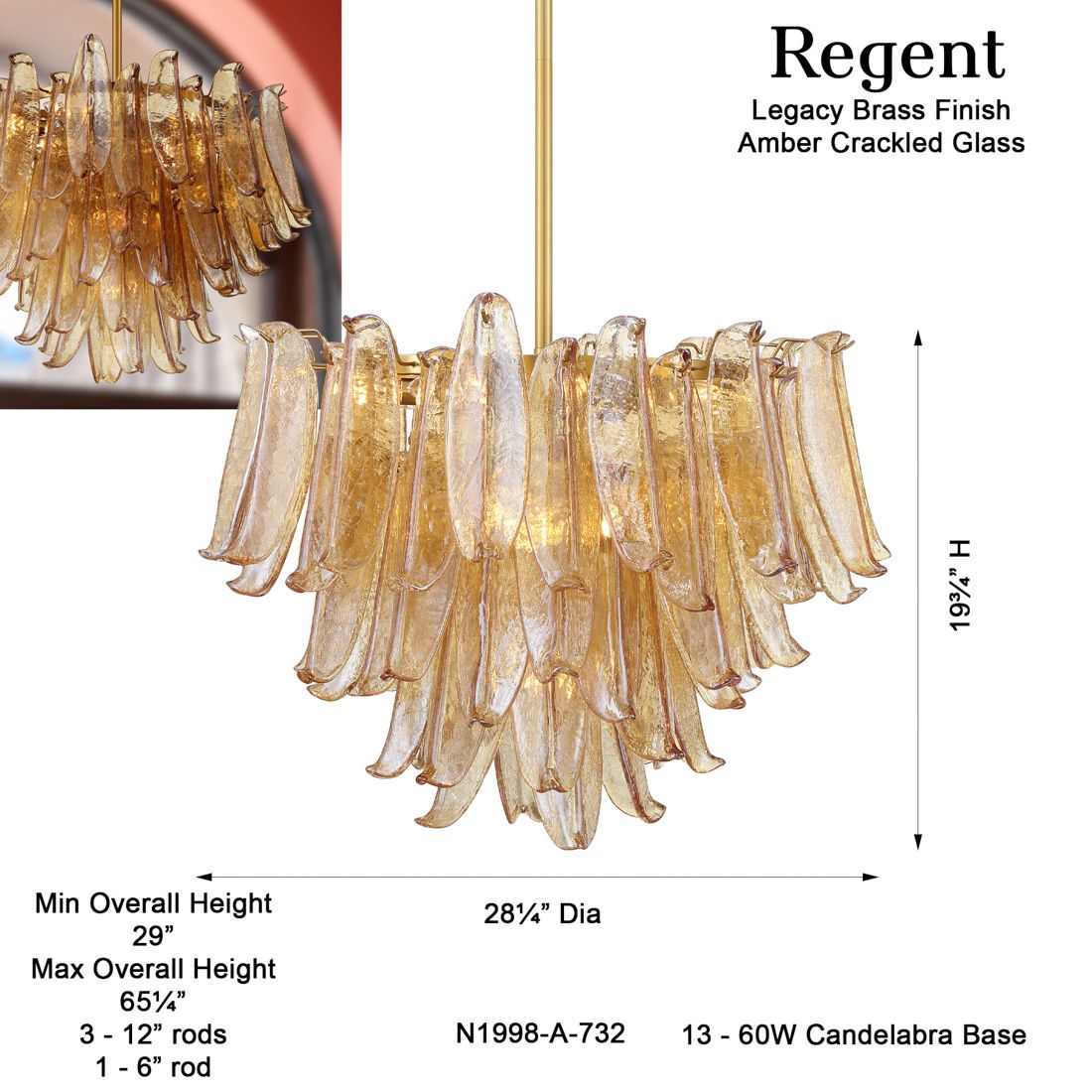 Metropolitan Regent 13-Lt 28.25in Brass Chandelier with Amber Crackle Glass