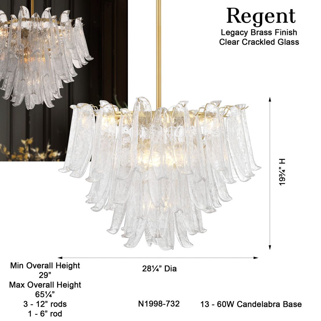 Metropolitan Regent 13-Lt 28.25in Brass Chandelier with Clear Crackle Glass