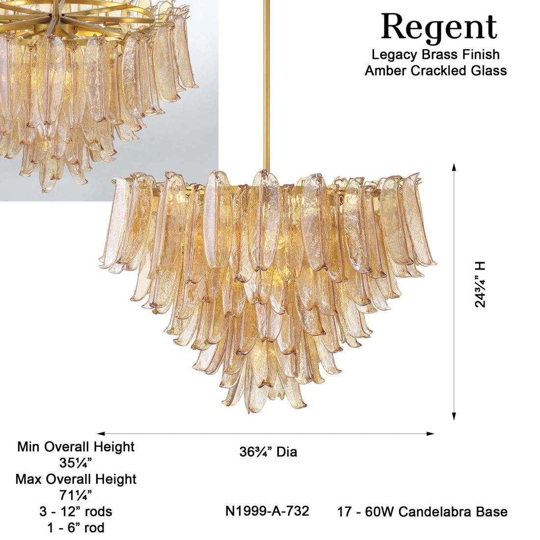 Metropolitan Regent 17-Lt 36.75in Brass Chandelier with Amber Crackle Glass