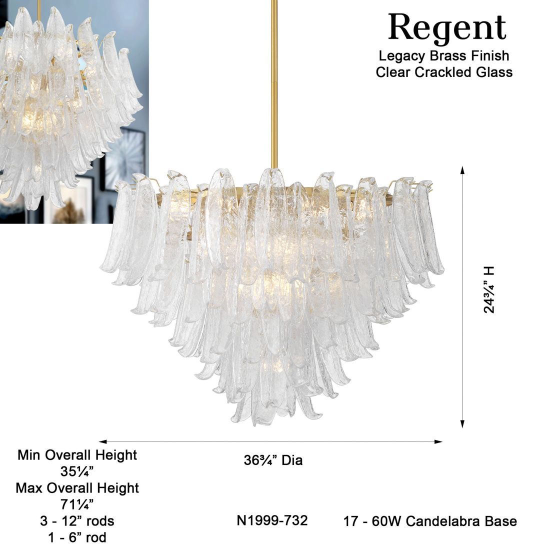 Metropolitan Regent 17-Lt 36.75in Brass Chandelier with Clear Crackle Glass