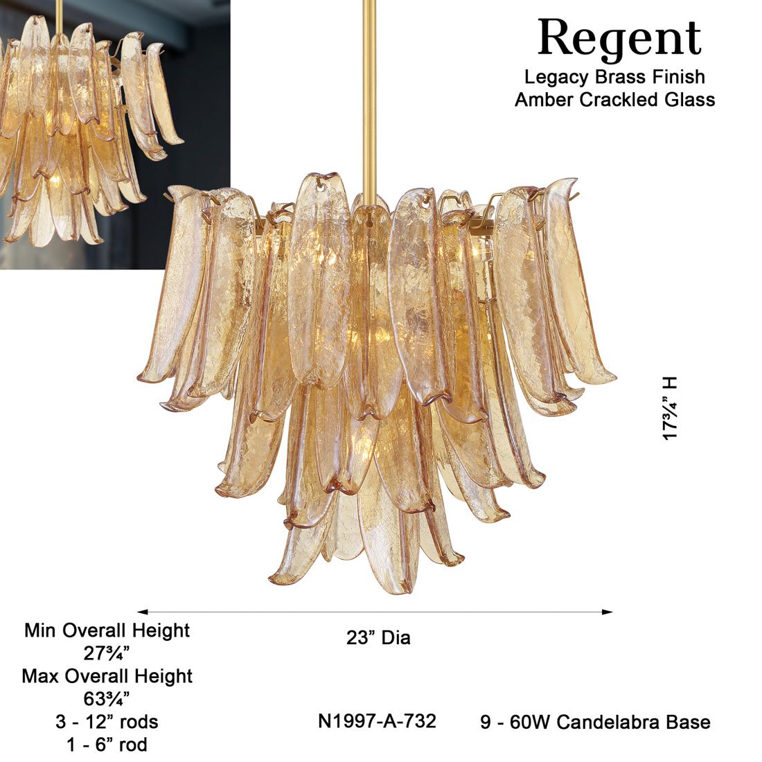 Metropolitan Regent 9-Lt 23-in Brass Chandelier with Amber Crackle Glass