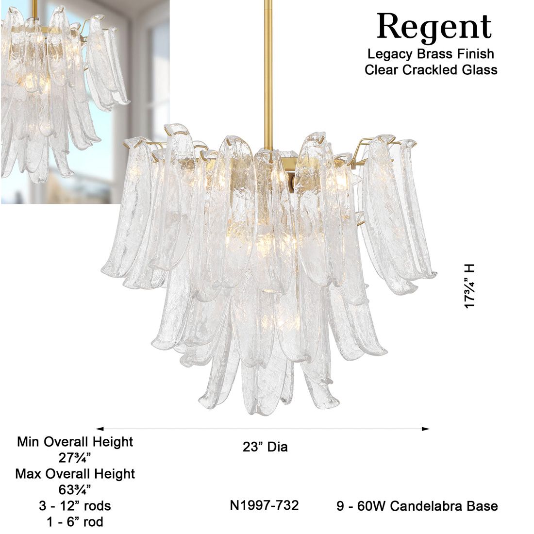 Metropolitan Regent 9-Lt 23-in Legacy Brass Chandelier with Crackle Glass