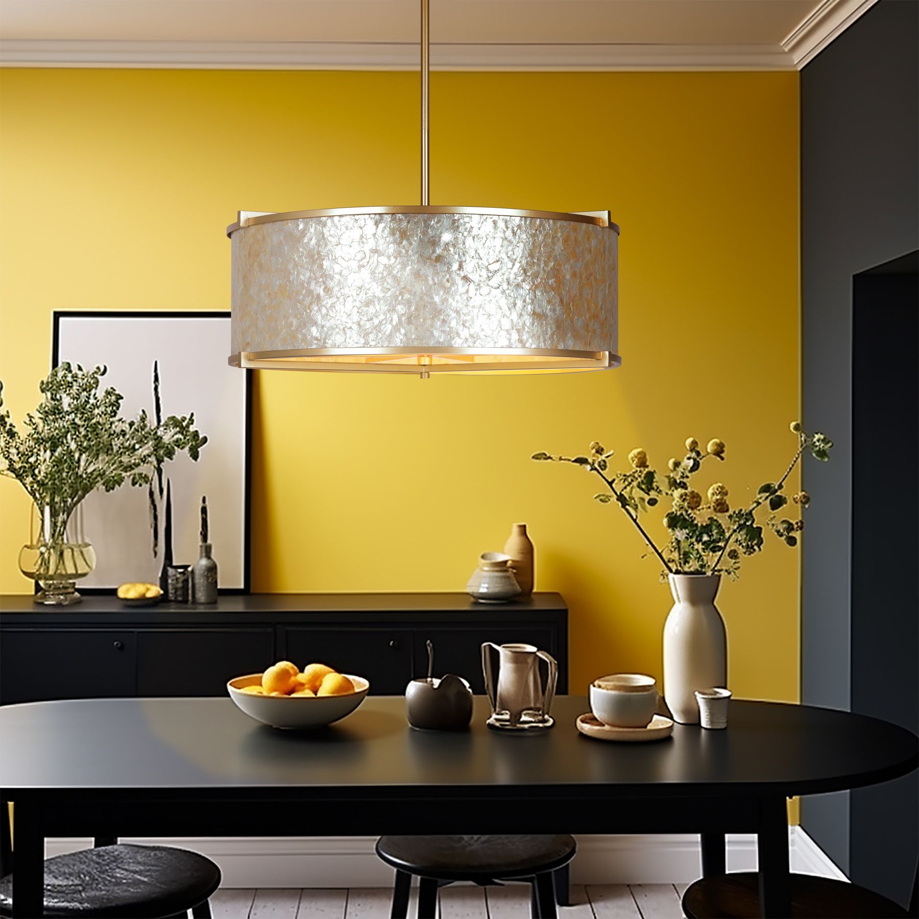 Metropolitan Sommers Bend 27" 6-Light Fawn Gold Capiz Shell Pendant