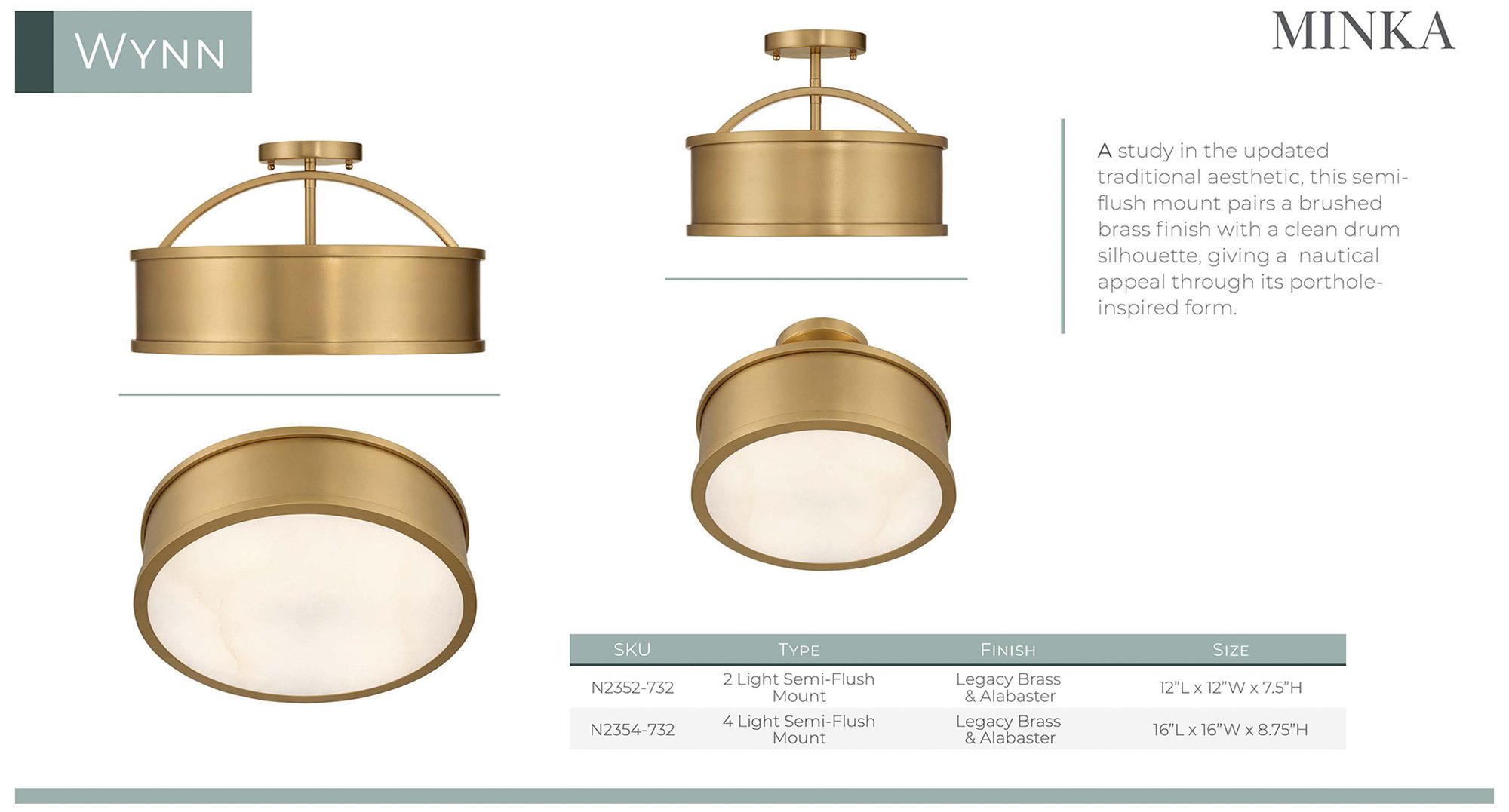 Metropolitan Wynn 2-Lt 12-in Legacy Brass Semi-Flush with Alabaster Shade