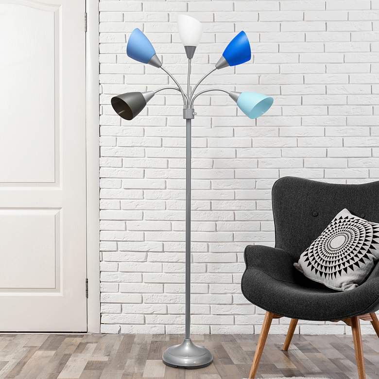 Image 1 Micah Silver 5 Light Floor Lamp with Blue White Gray Shade
