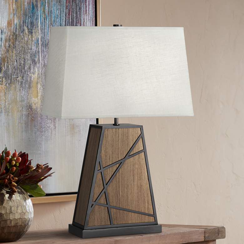 Image 1 Michael Berman Bond Oyster Shade Smoked Walnut Wood Table Lamp