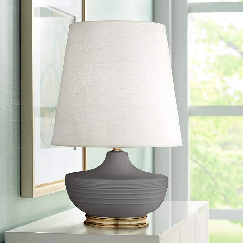 Image 1 Michael Berman Nolan 27 1/2" Brass and Ash Gray Ceramic Table Lamp