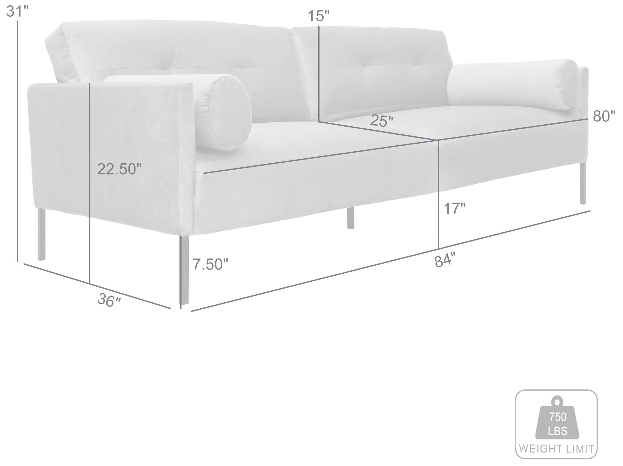 Michalina 84 in. Modern Sofa in Fossil Gray Velvet, and Black Metal Legs