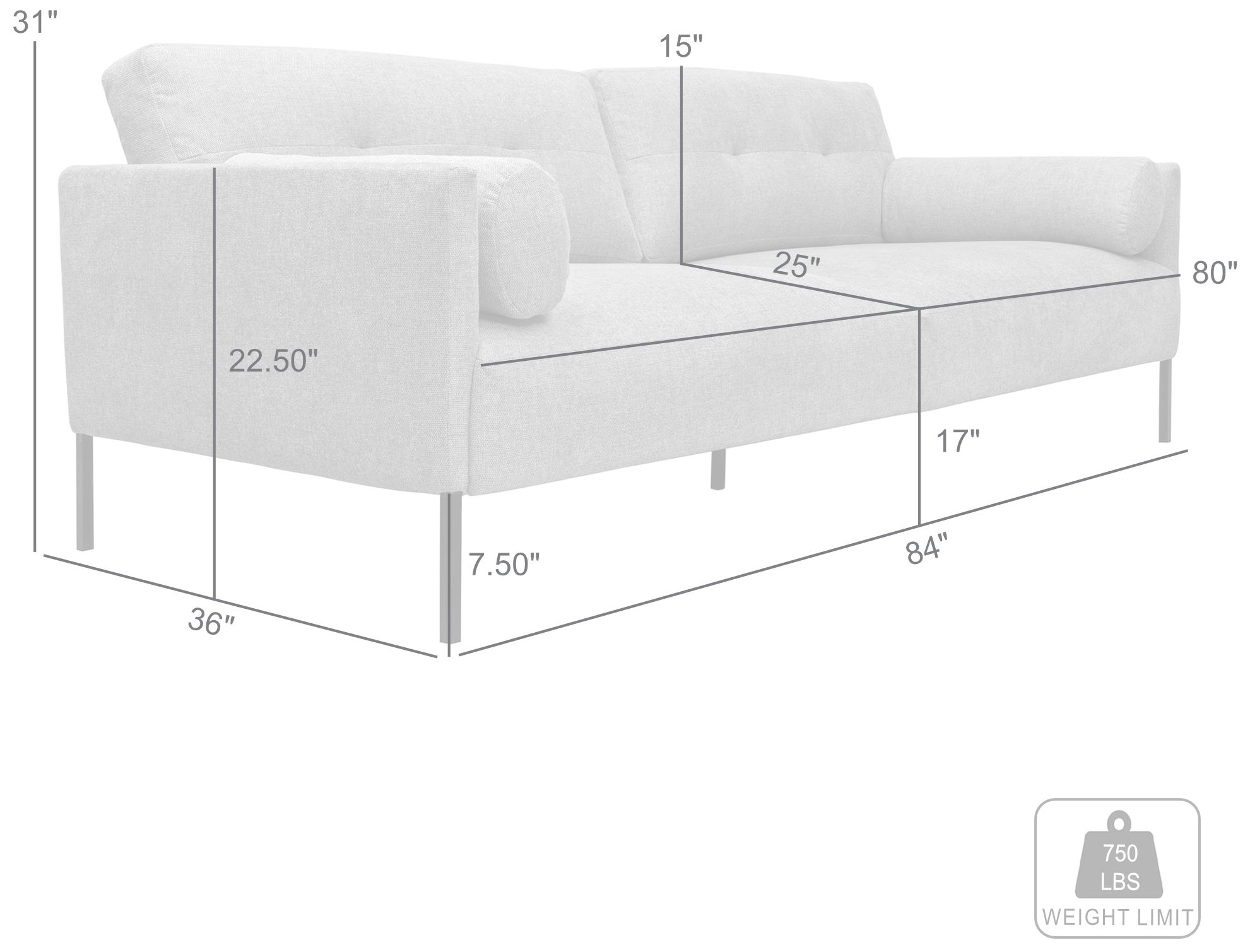 Michalina 84 in. Modern Sofa in Gray Fabric, and Black Metal Legs