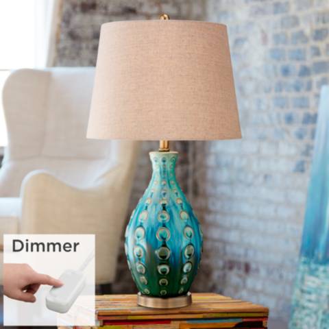 Mid-Century Ceramic Vase Teal Table Lamp with Table Top Dimmer - #89K86 |  Lamps Plus