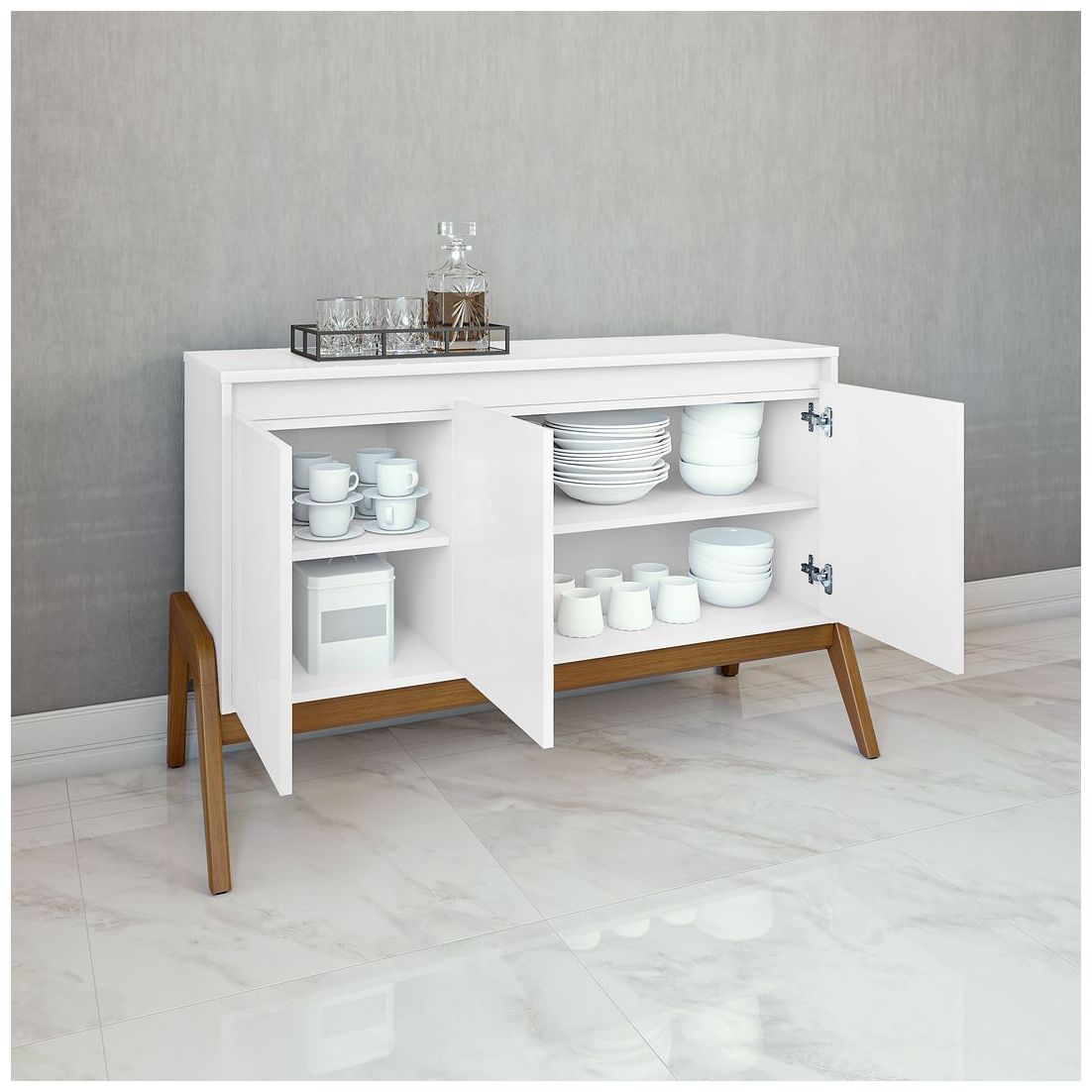 Image 4 Mid-Century Modern Gales 48.50 Sideboard with Solid Wood Legs in White more views
