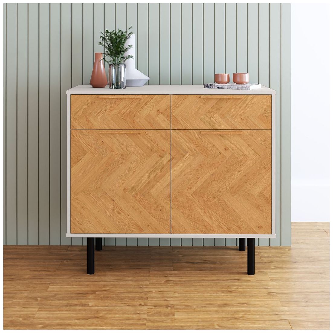 Image 2 Mid-Century Modern Liam Sideboard with 4 Shelves in White and Wood more views