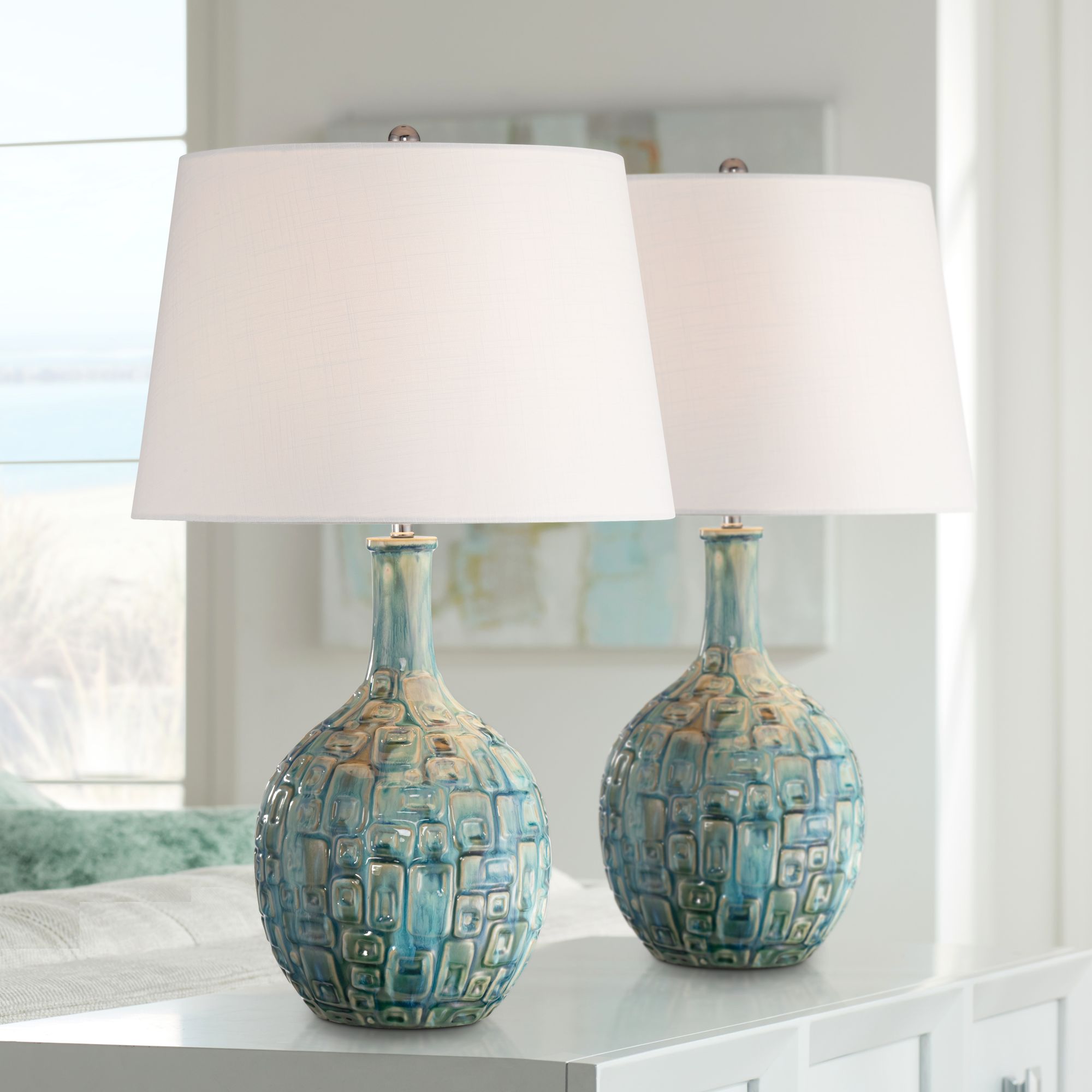 Modern Table Lamps Page 6 Lamps Plus   Mid Century Teal Ceramic Gourd Table Lamp Set Of 2  40c29cropped 