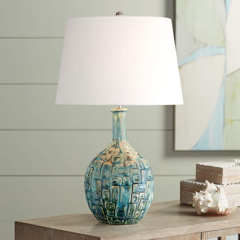 Image 1 Mid-Century Teal Ceramic Gourd Table Lamp with 9W LED Bulb