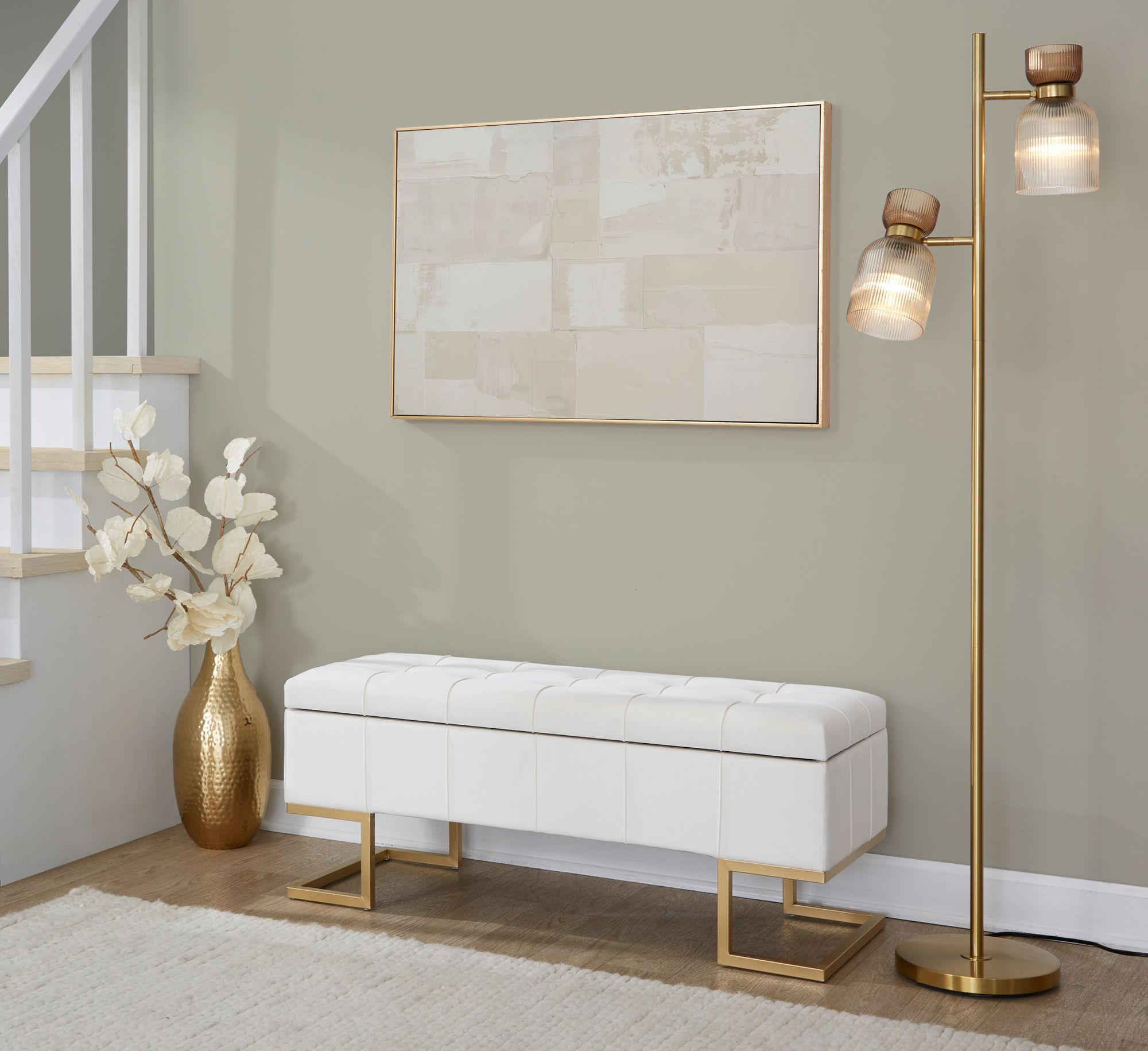 Midas Storage Bench in Gold Steel and White Velvet by LumiSource