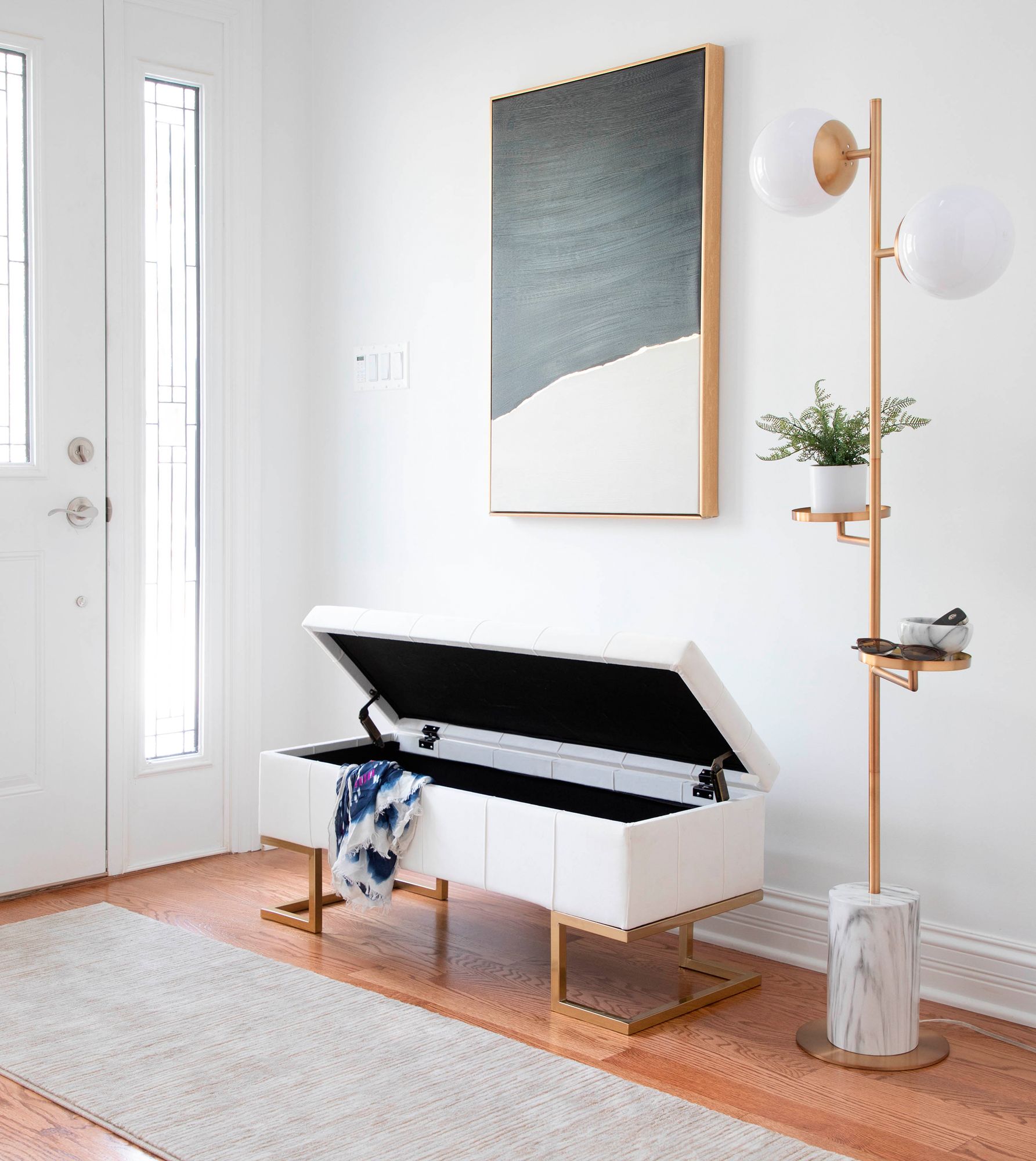 Midas Storage Bench in Gold Steel and White Velvet by LumiSource